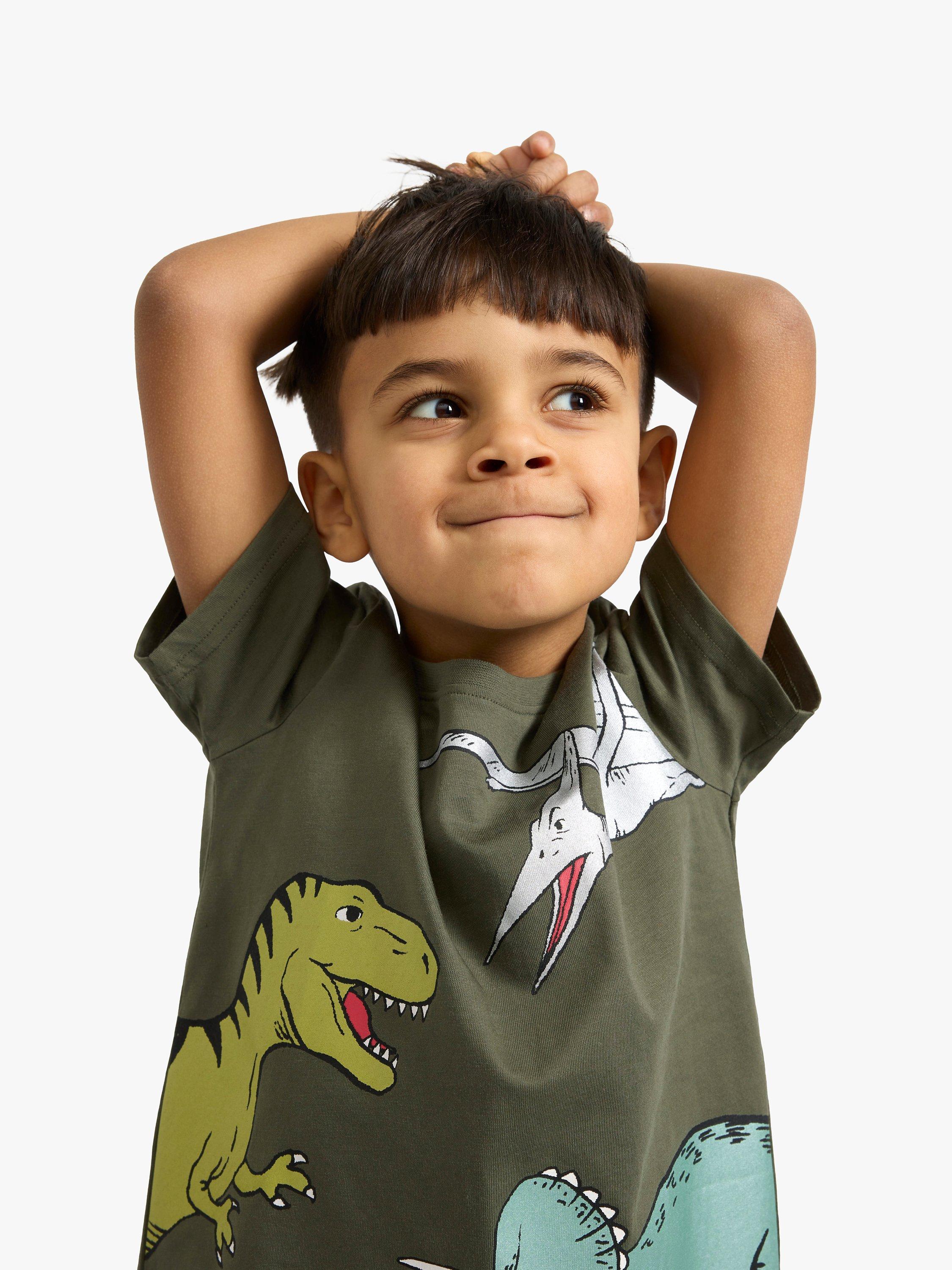 Product image 4 of 5, which shows Lindex Kids' Short Sleeve Dinosaur T-Shirt, Dark Dusty Khaki, 18-24 months