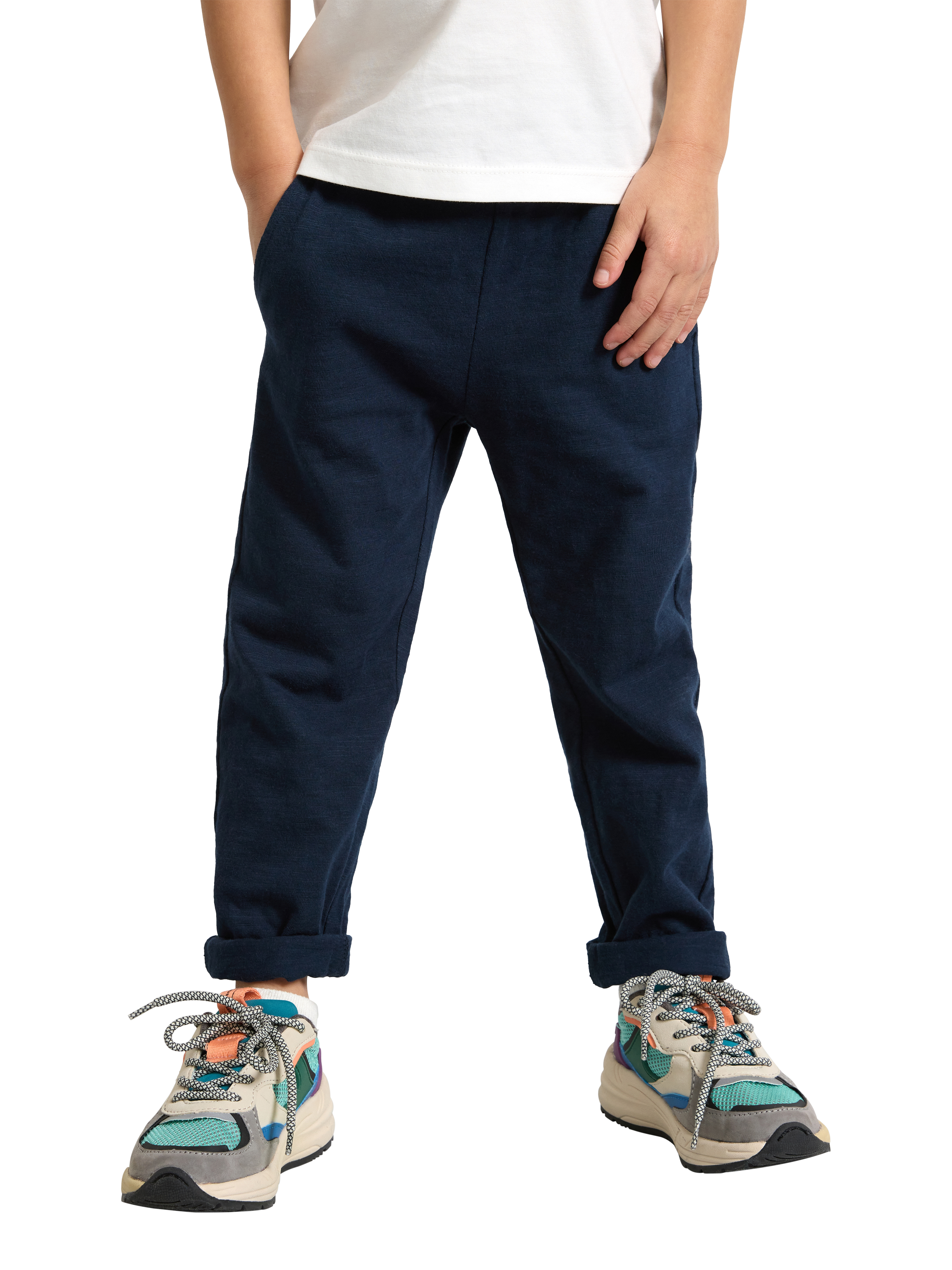 Product image 1 of 5, which shows Lindex Kids' Organic Cotton Drawstring Jogger Trousers, Dark Navy, 18-24 months