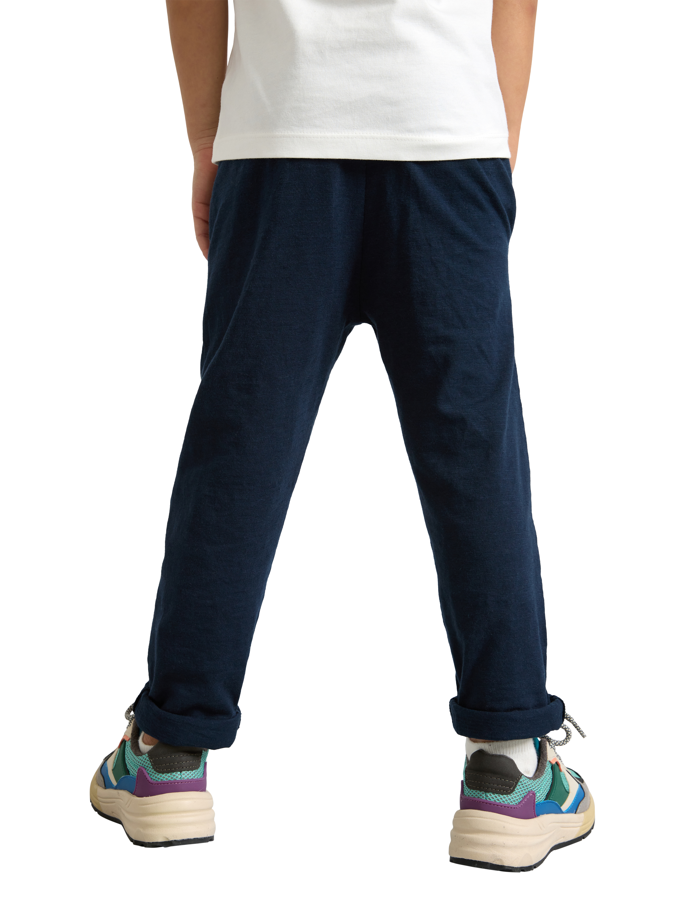 Product image 2 of 5, which shows Lindex Kids' Organic Cotton Drawstring Jogger Trousers, Dark Navy, 18-24 months