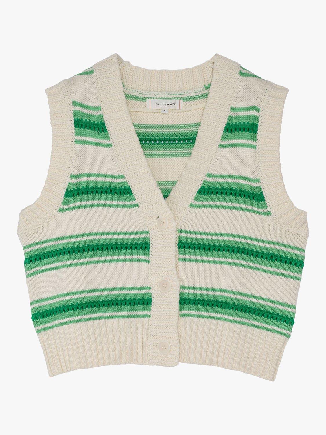 Chinti & Parker Crochet Vest Cardigan, Green/Cream, XS