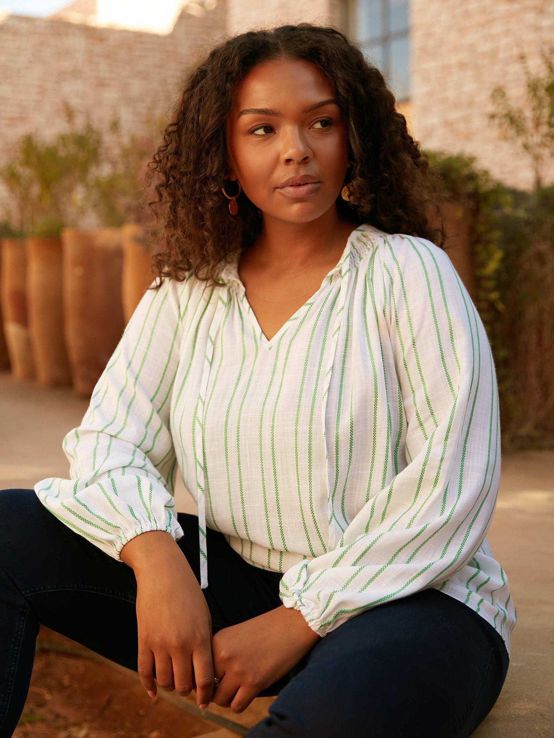 Live Unlimited Stripe Shirred Top, White/Green