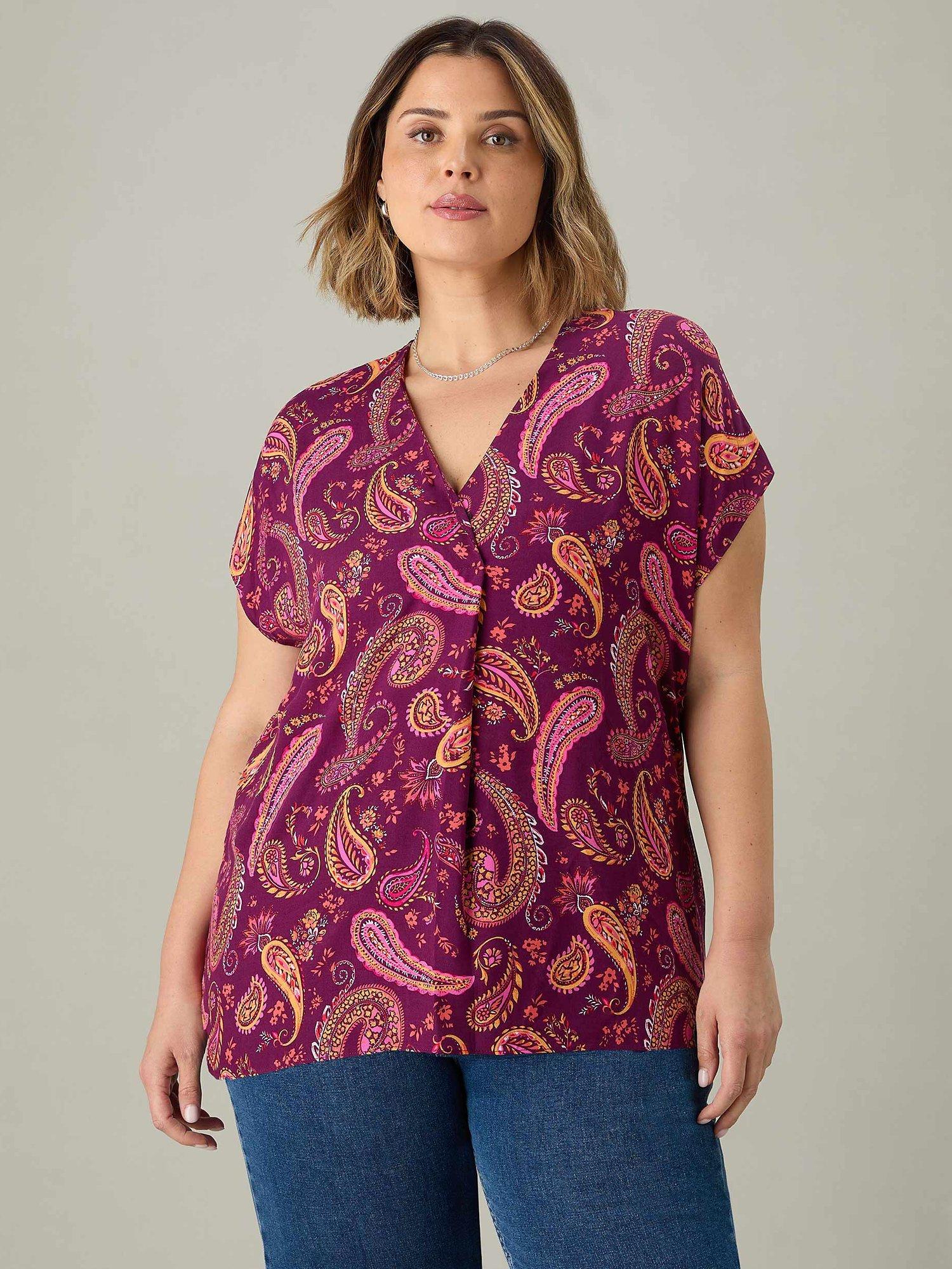 Live Unlimited Paisley Print Pleat Front Top, Plum, 14