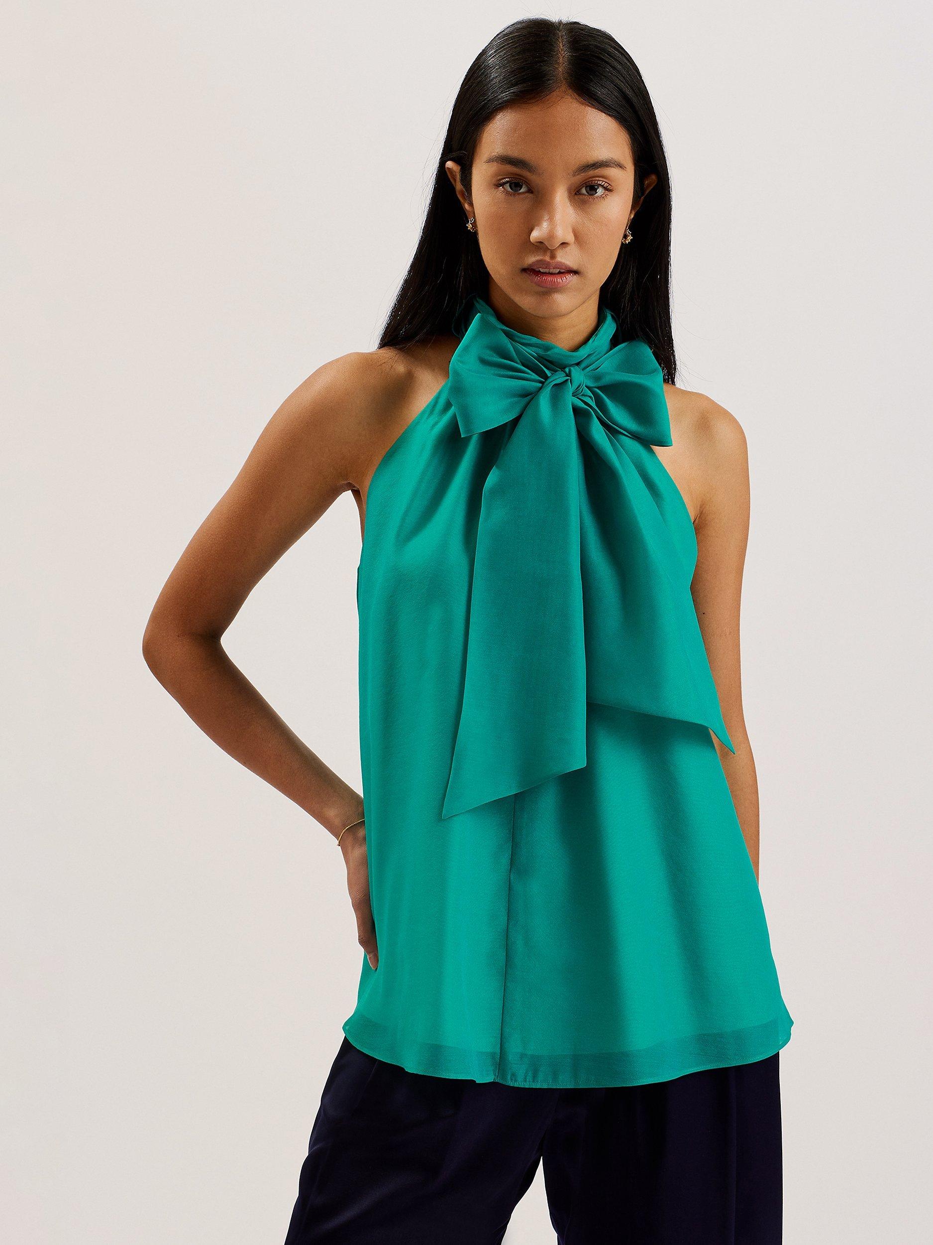 Ted Baker Tejeda Neck Tie Sheer Draped Top, Light Green