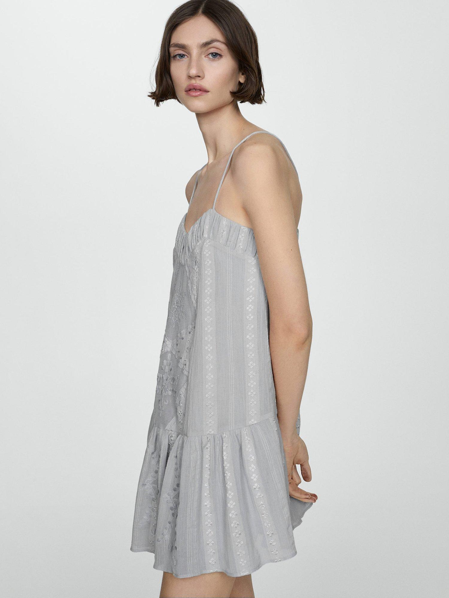 Mango Constan Embroidered Tassel Detail Mini Dress, Aqua