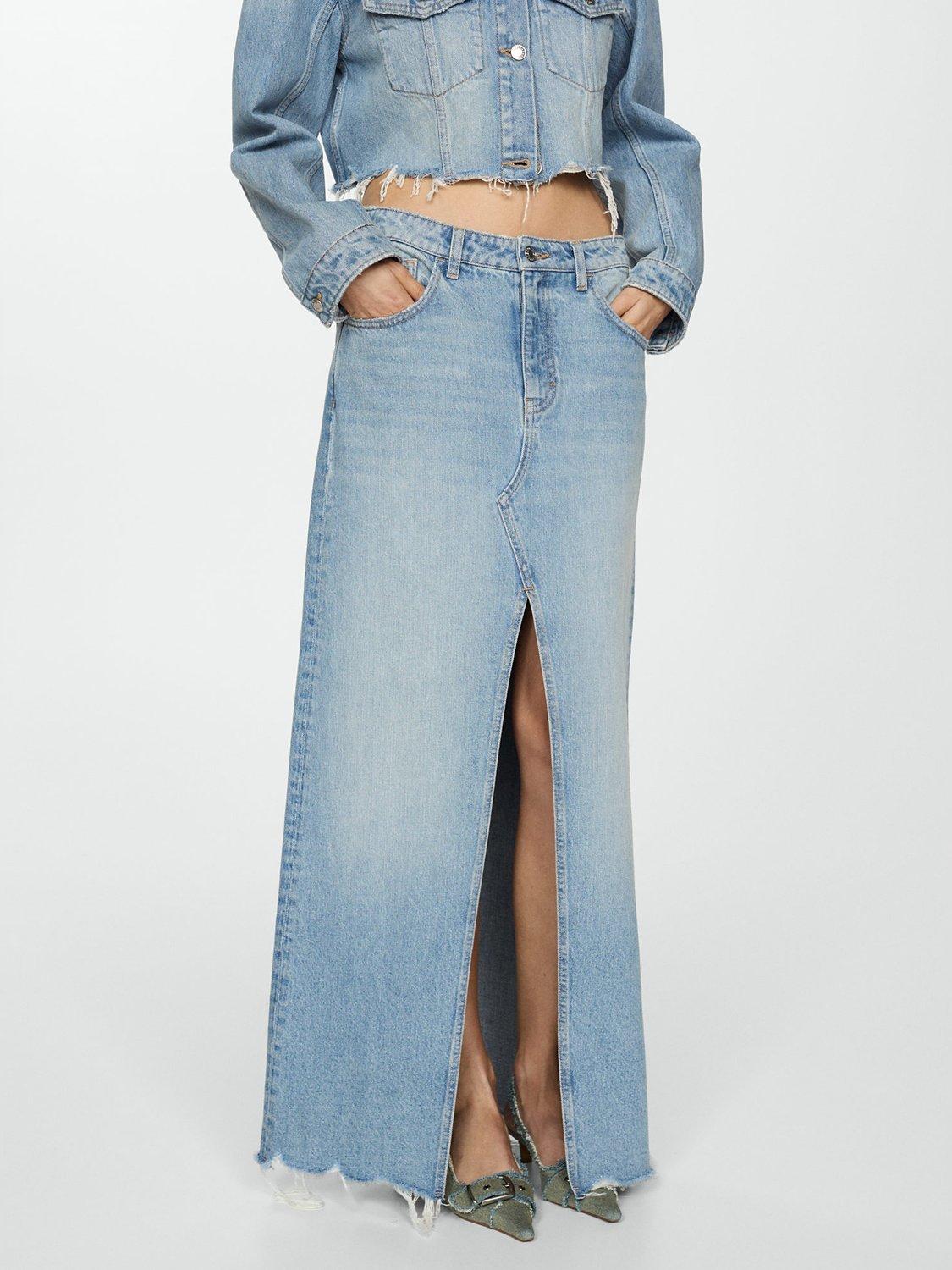Mango Abele Frayed Hem Denim Maxi Skirt, Light Blue