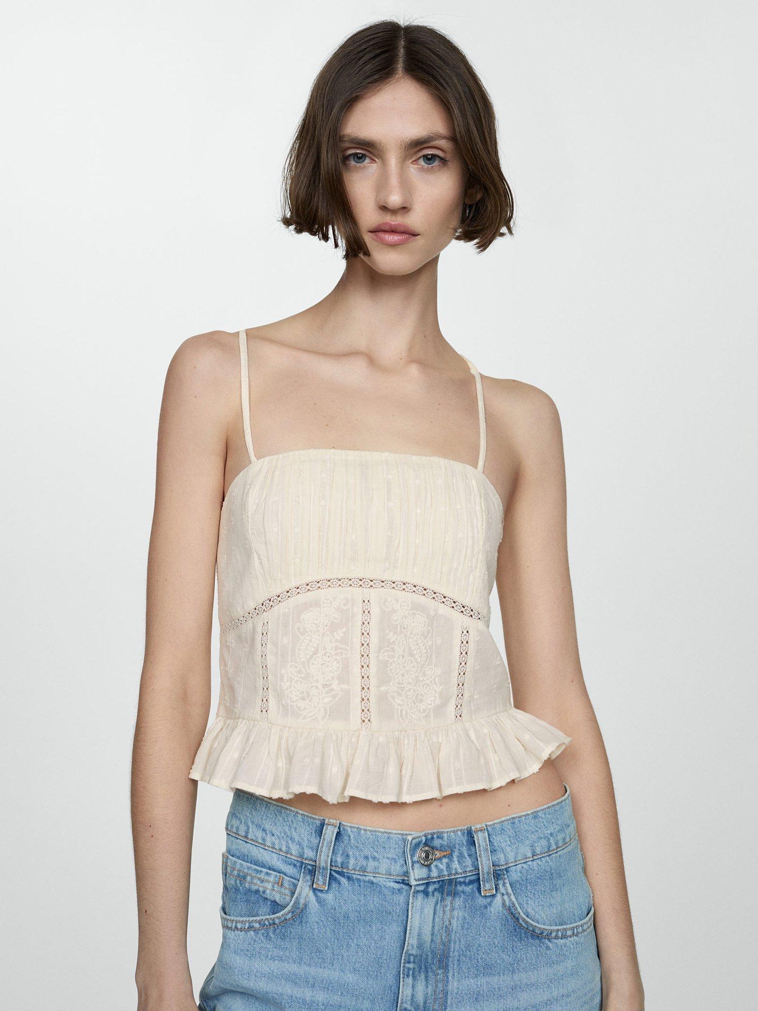 Mango Perla Honeycomb Embroidered Top, Cream