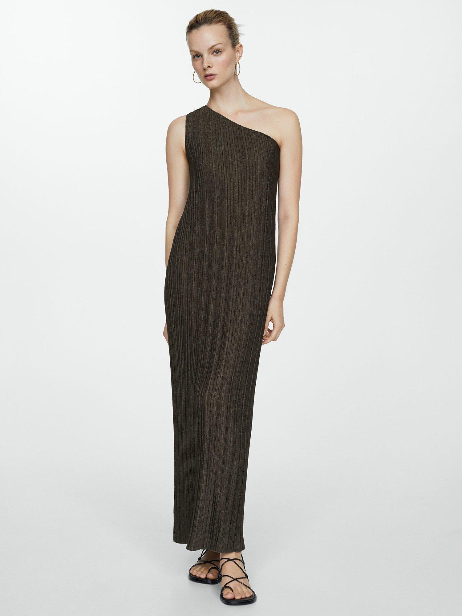 Mango Asymmetrical Knit Maxi Dress Khaki