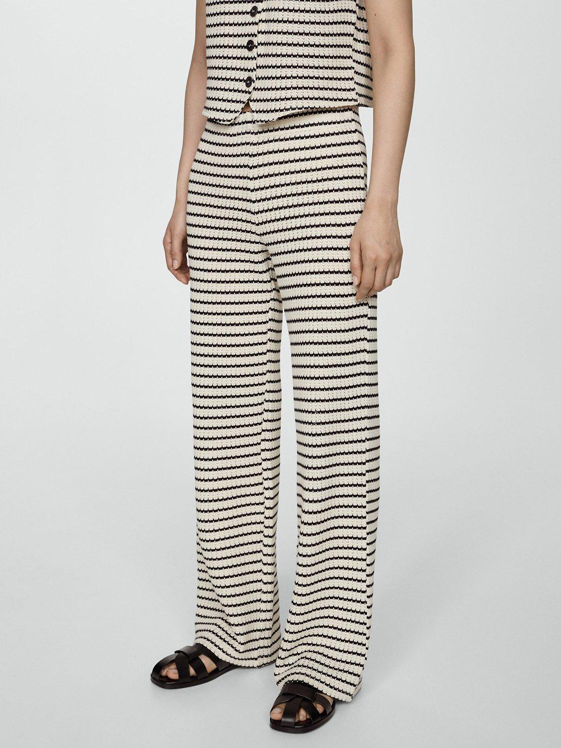Mango Nita Crochet Stripe Trousers, Off White/Black