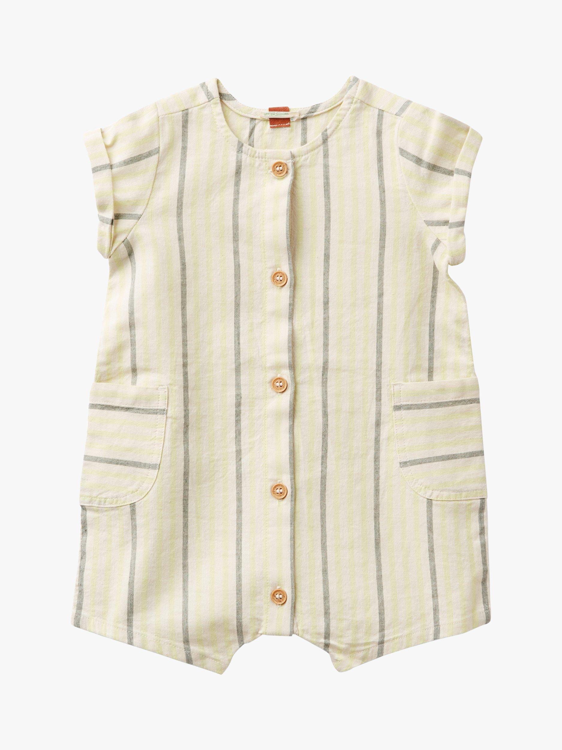 Benetton Baby Stripe Button Through Romper, Off White/Multi