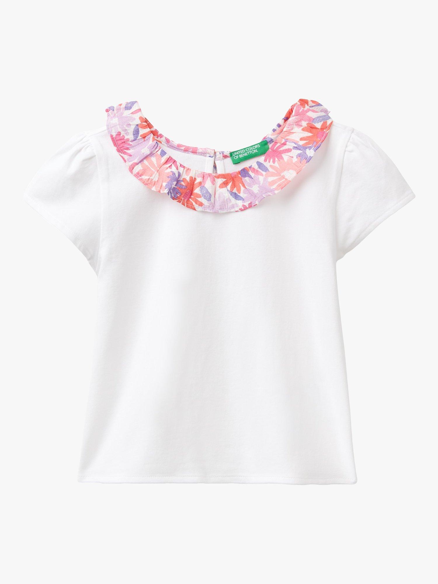 Benetton Floral Collar Short Sleeve Top, Optical White