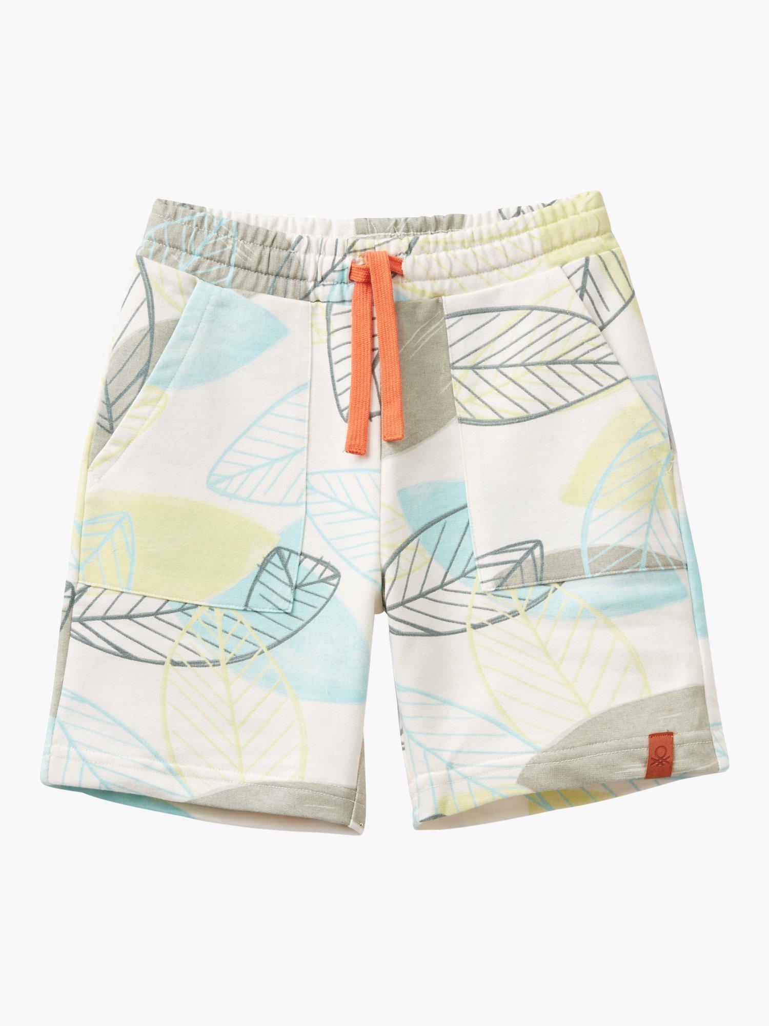 Benetton Kids' Leaf Print Fleece Drawstring Bermuda Shorts, Cream/Multi
