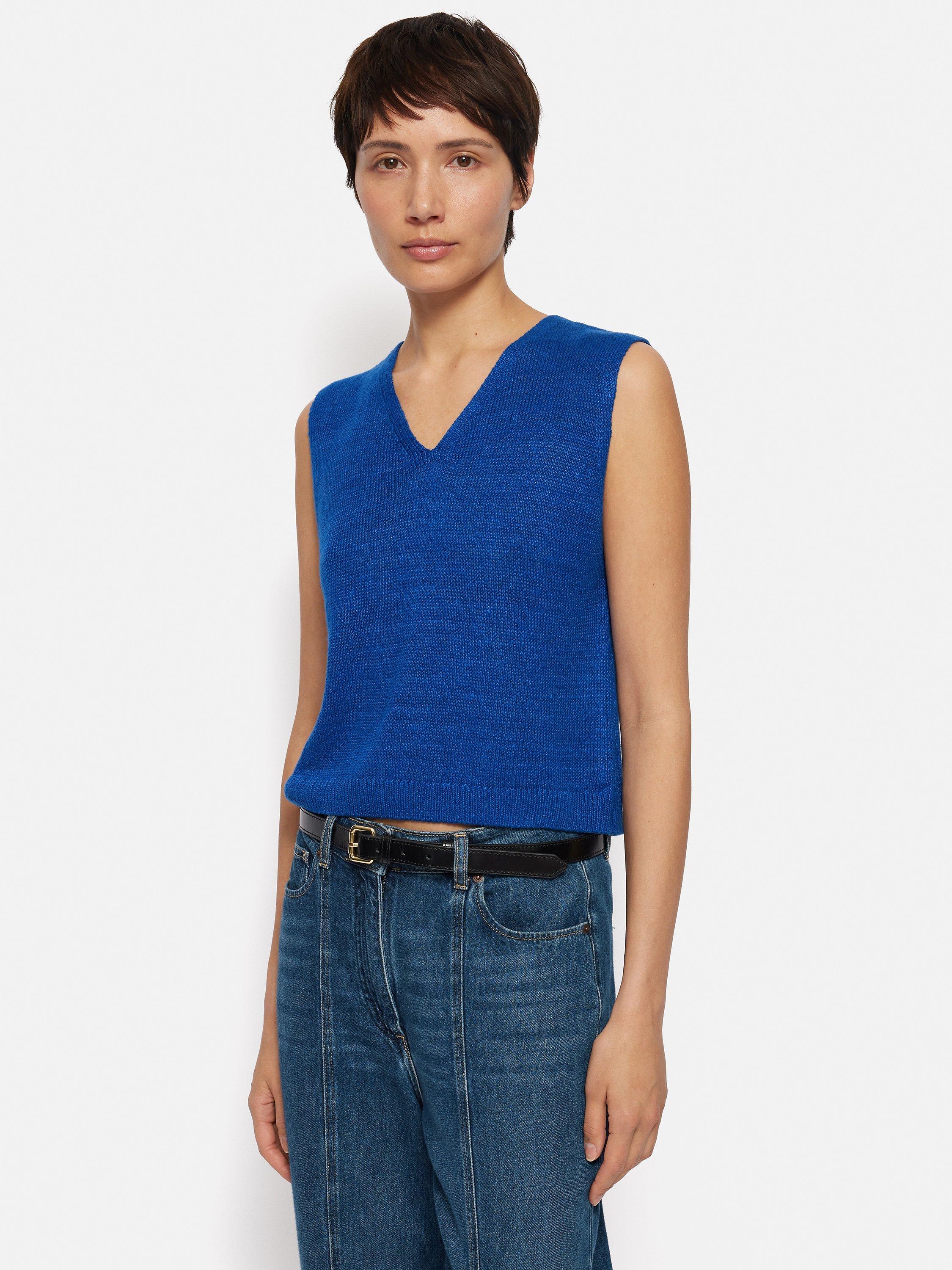 Jigsaw Cropped V-Neck Linen Slub Tank Top, Blue, M