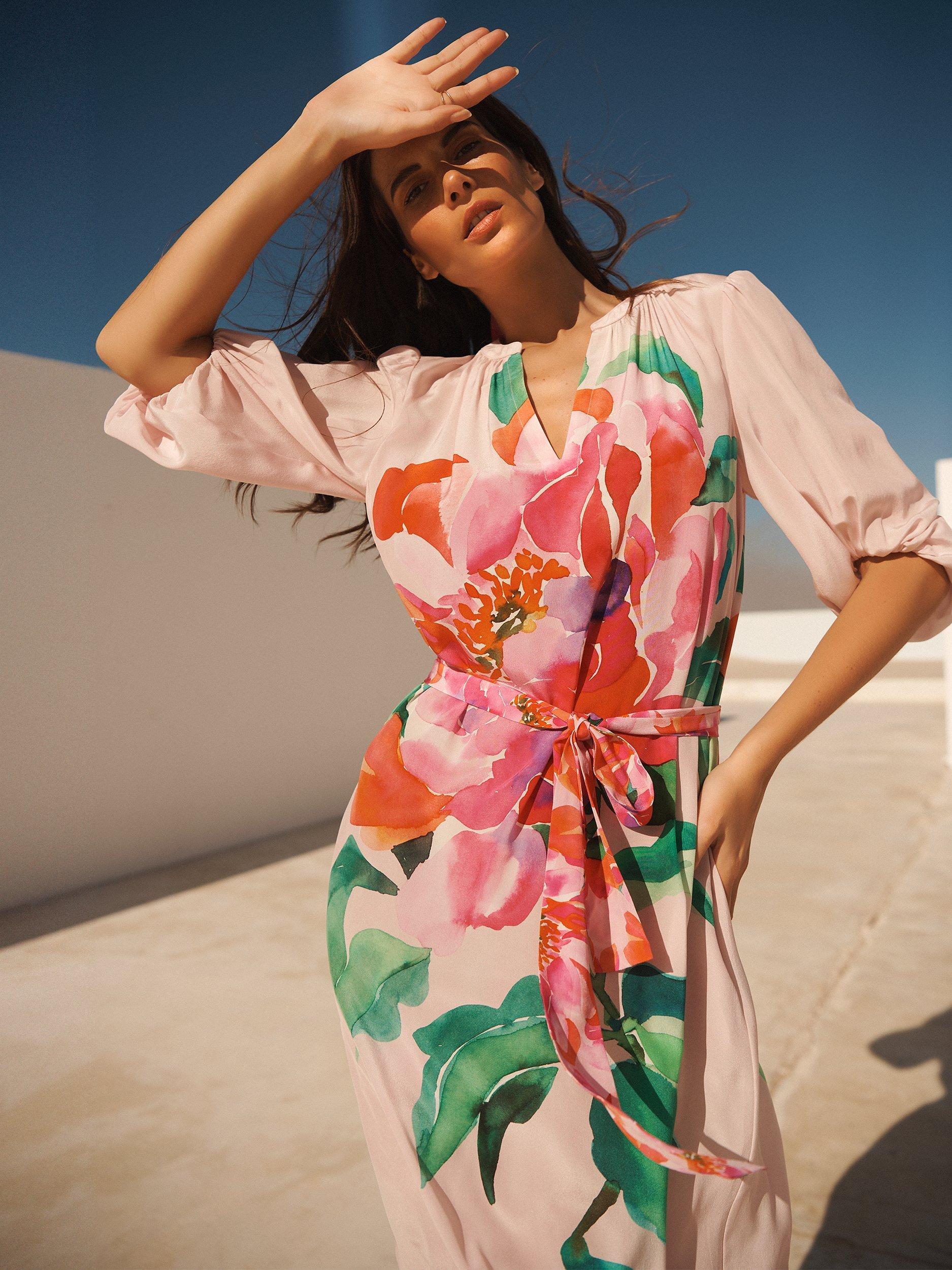 Product image 1 of 10, which shows NRBY Ines Silk Wild Peony Dress, Pink/Multi, XS