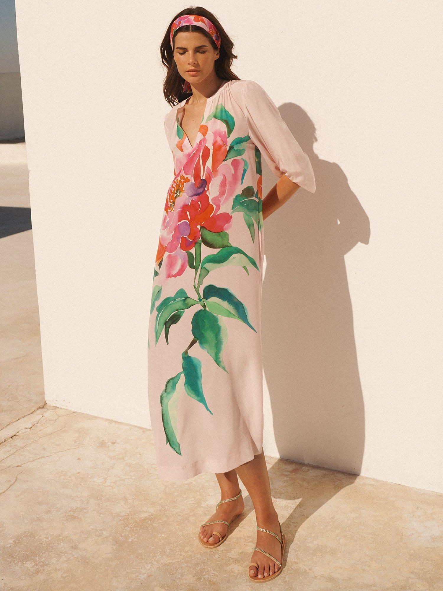 Product image 2 of 10, which shows NRBY Ines Silk Wild Peony Dress, Pink/Multi, XS