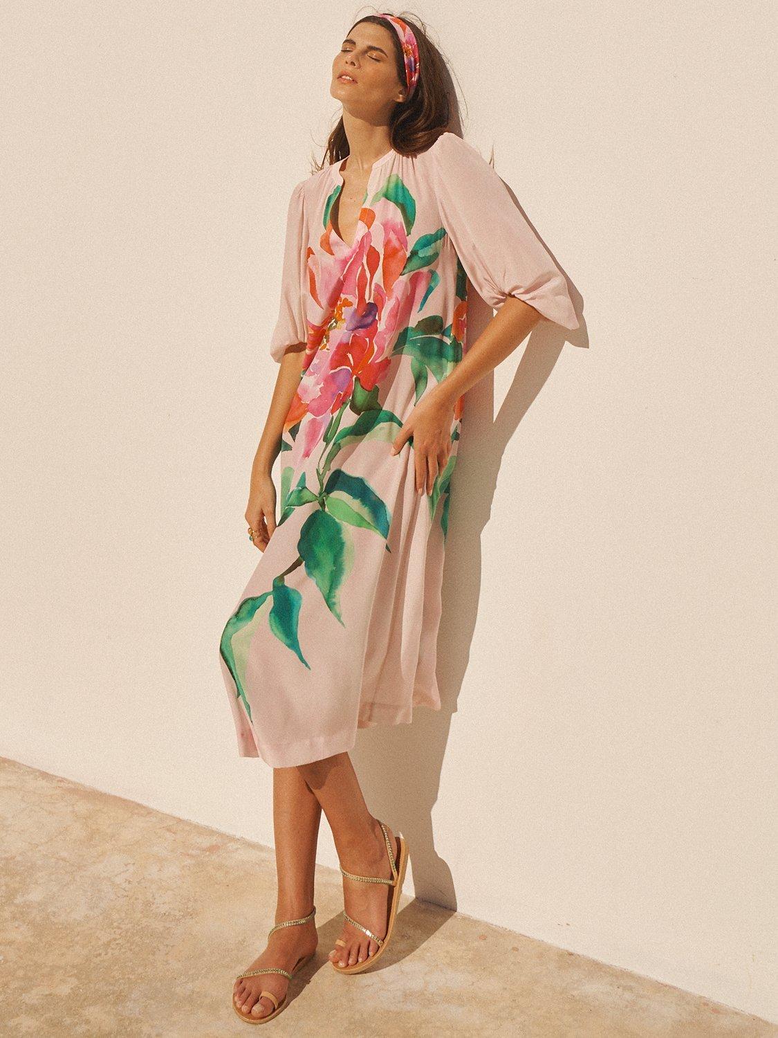 Product image 4 of 10, which shows NRBY Ines Silk Wild Peony Dress, Pink/Multi, XS