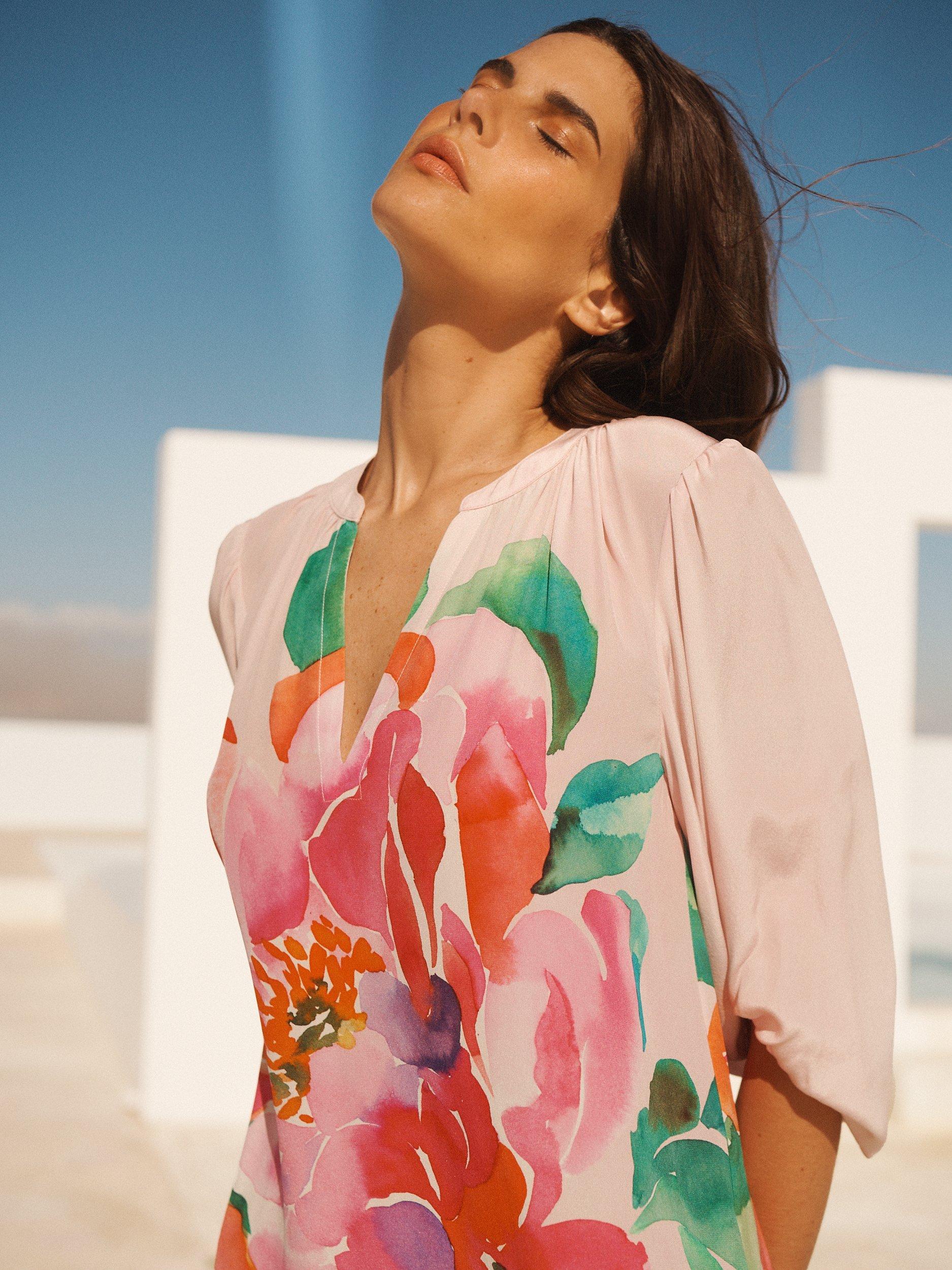 Product image 5 of 10, which shows NRBY Ines Silk Wild Peony Dress, Pink/Multi, XS