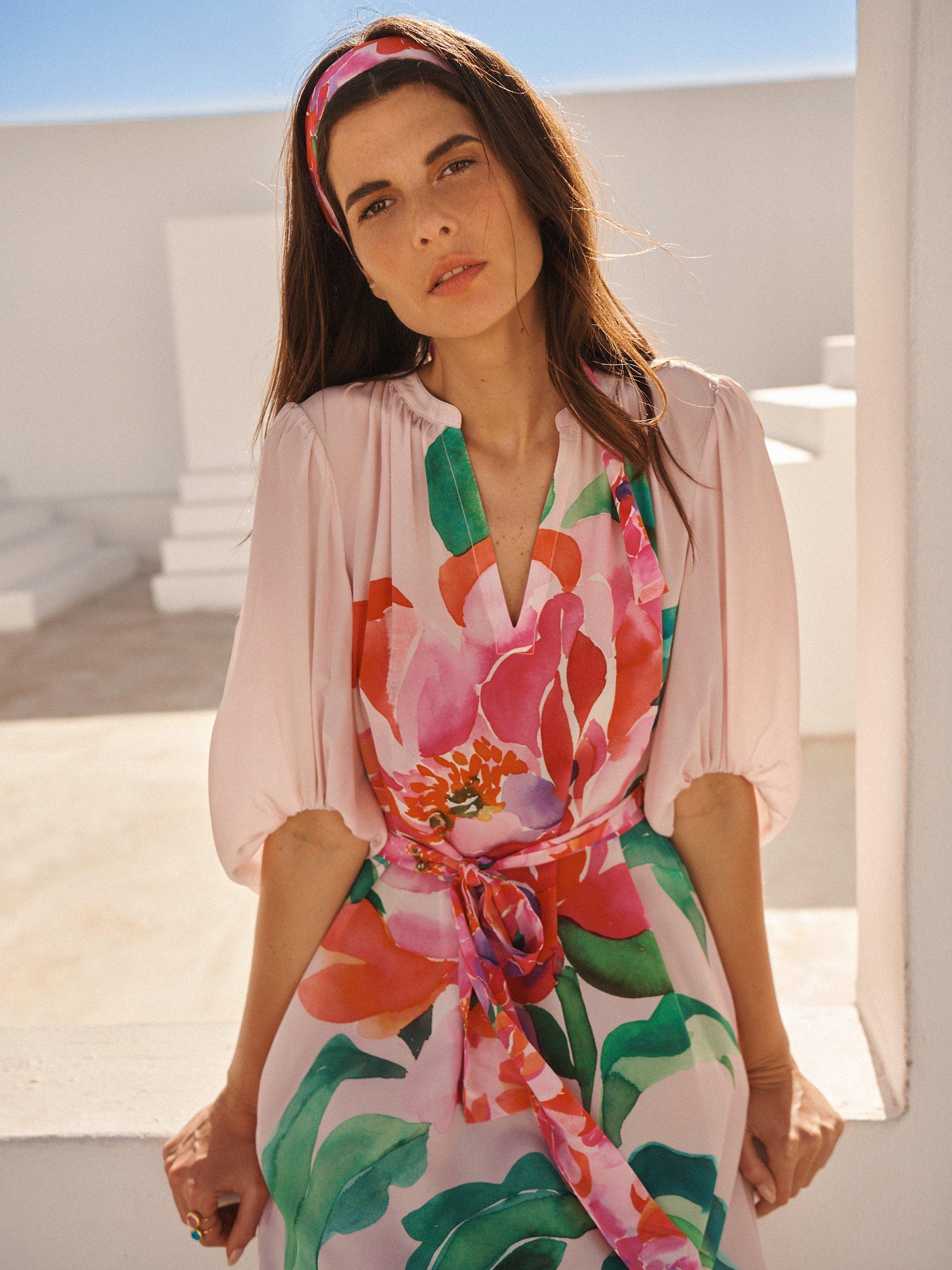 Product image 6 of 10, which shows NRBY Ines Silk Wild Peony Dress, Pink/Multi, XS