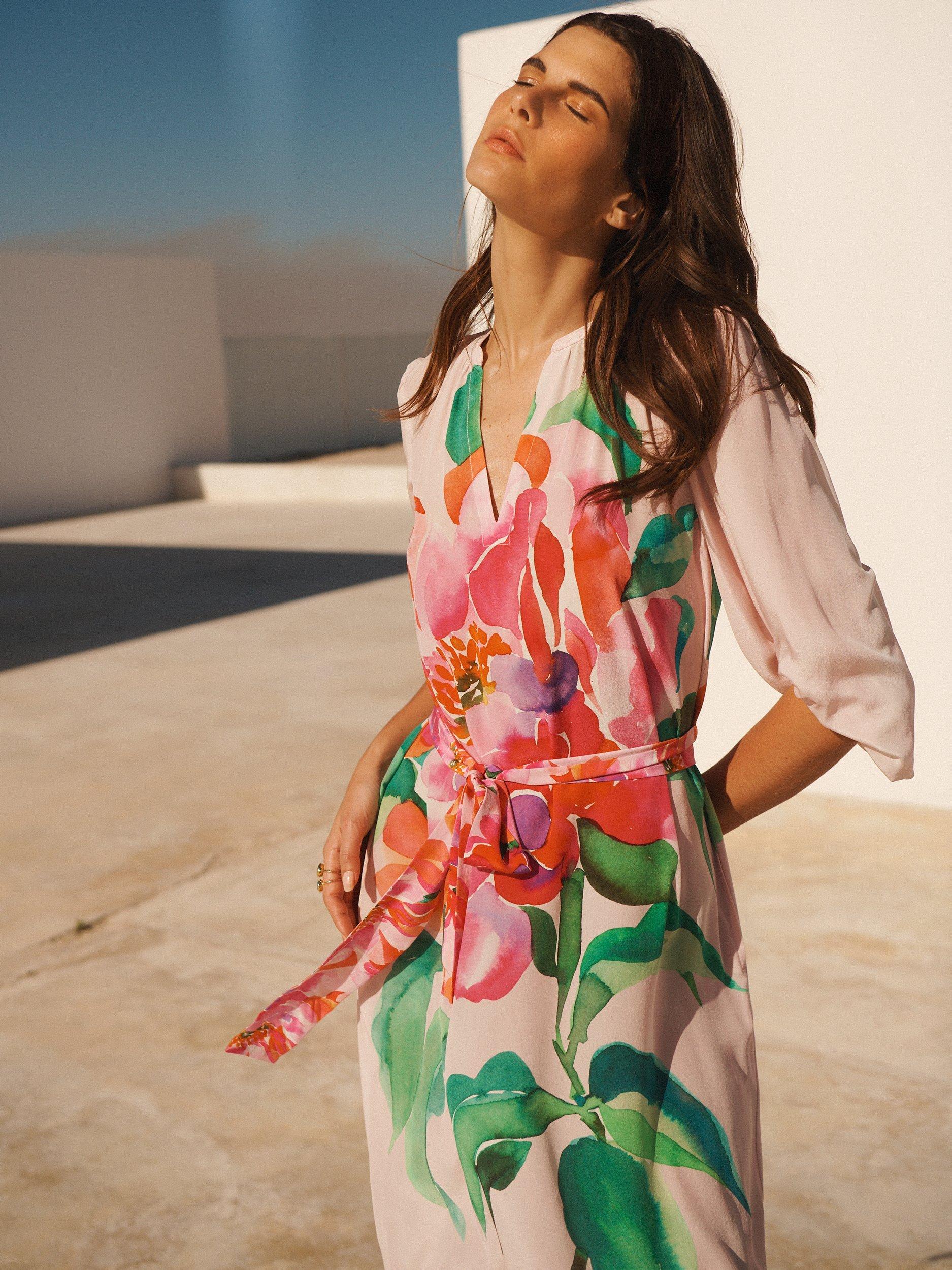 Product image 8 of 10, which shows NRBY Ines Silk Wild Peony Dress, Pink/Multi, XS