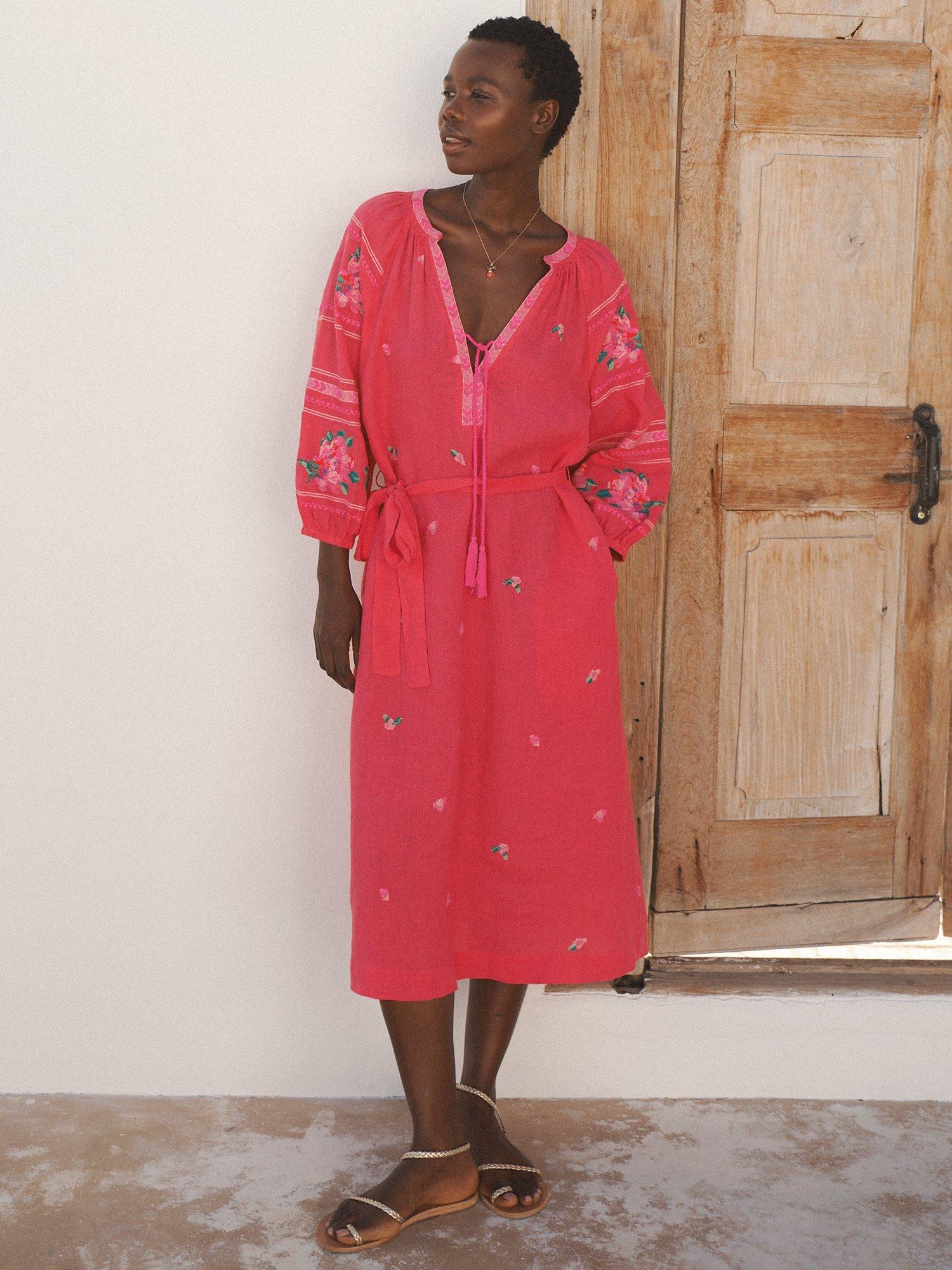 Product image 1 of 7, which shows NRBY Petra Linen Embroidered Midi Dress, Geranium, M