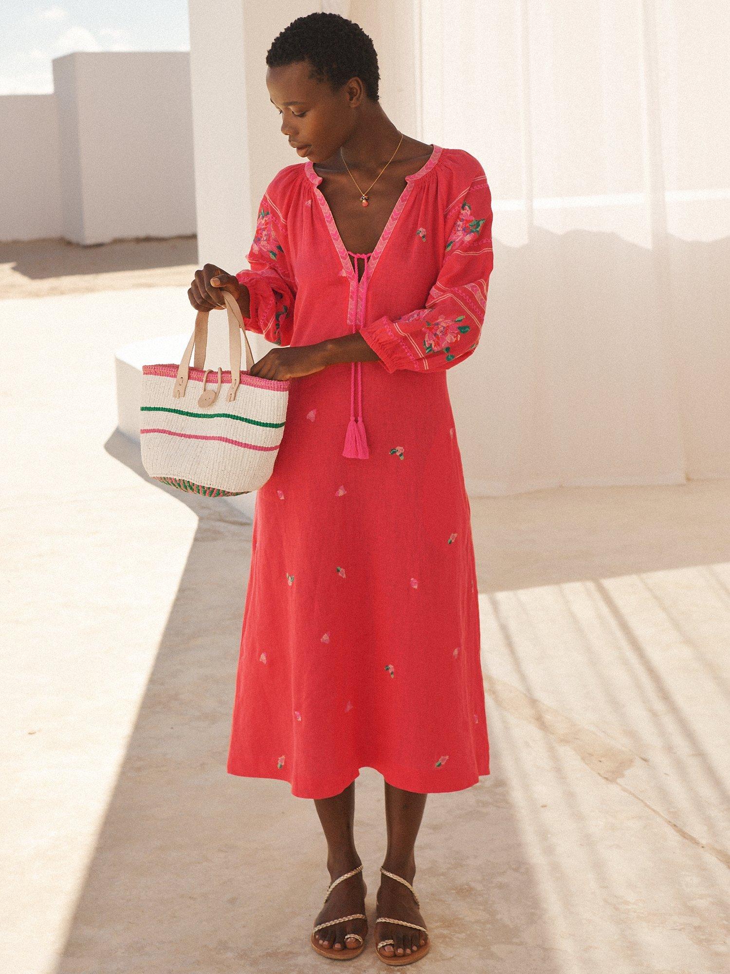 Product image 2 of 7, which shows NRBY Petra Linen Embroidered Midi Dress, Geranium, M