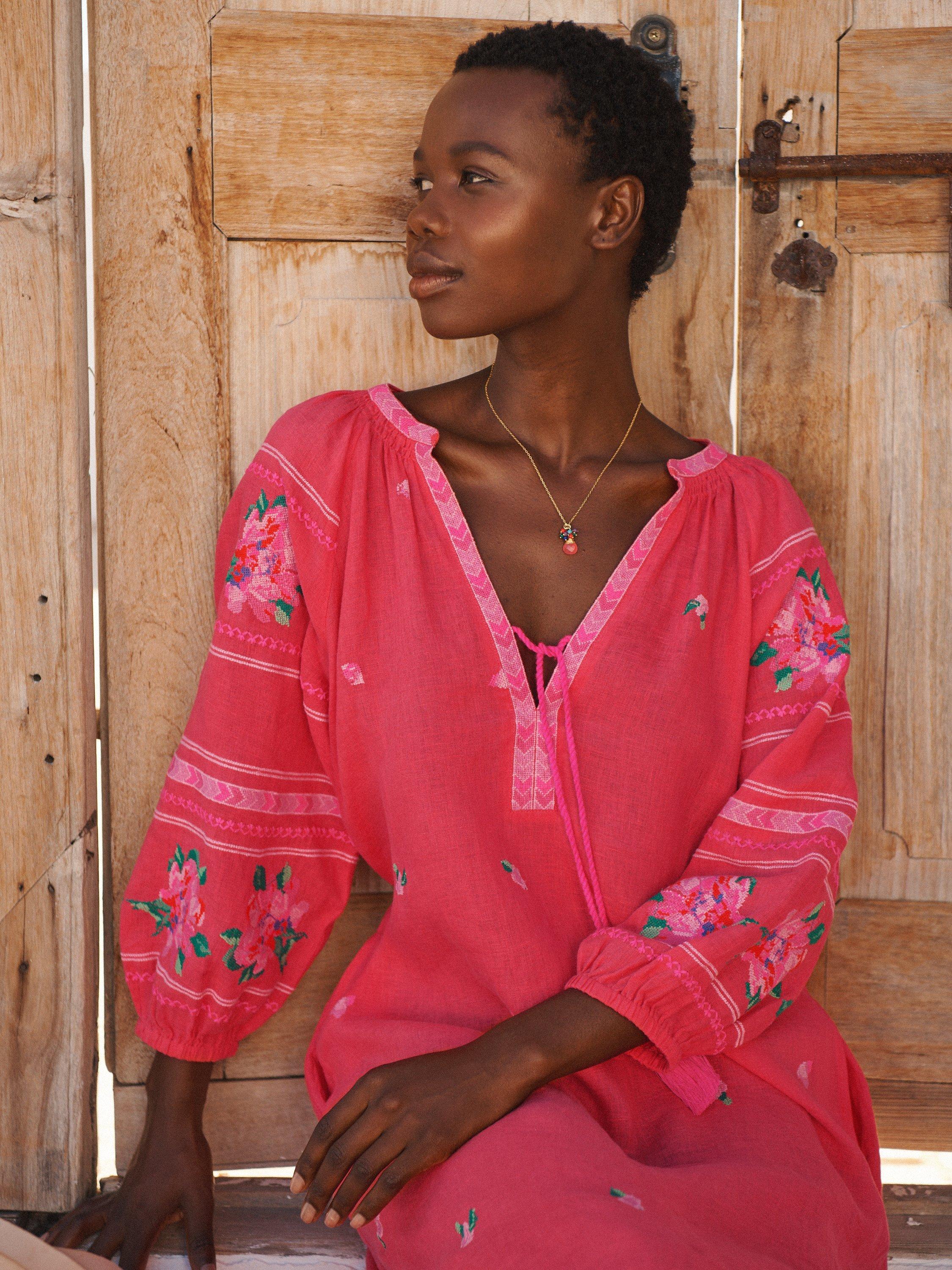 Product image 3 of 7, which shows NRBY Petra Linen Embroidered Midi Dress, Geranium, M