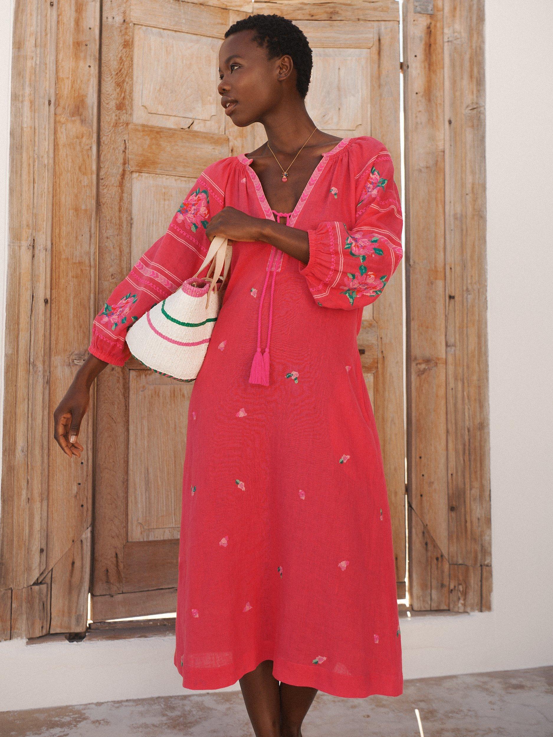 Product image 7 of 7, which shows NRBY Petra Linen Embroidered Midi Dress, Geranium, M