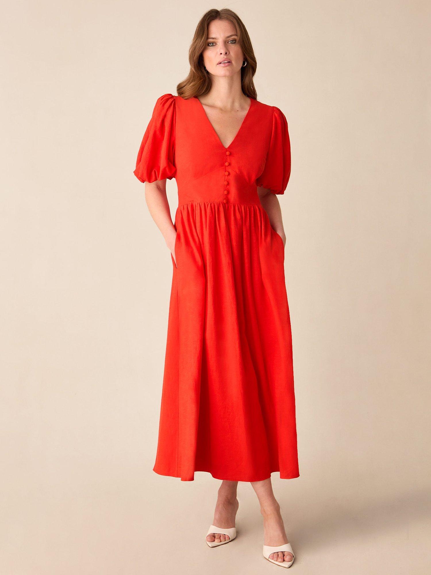 Ro Zo Petite Red Puff Sleeve V Neck Midi Dress Red