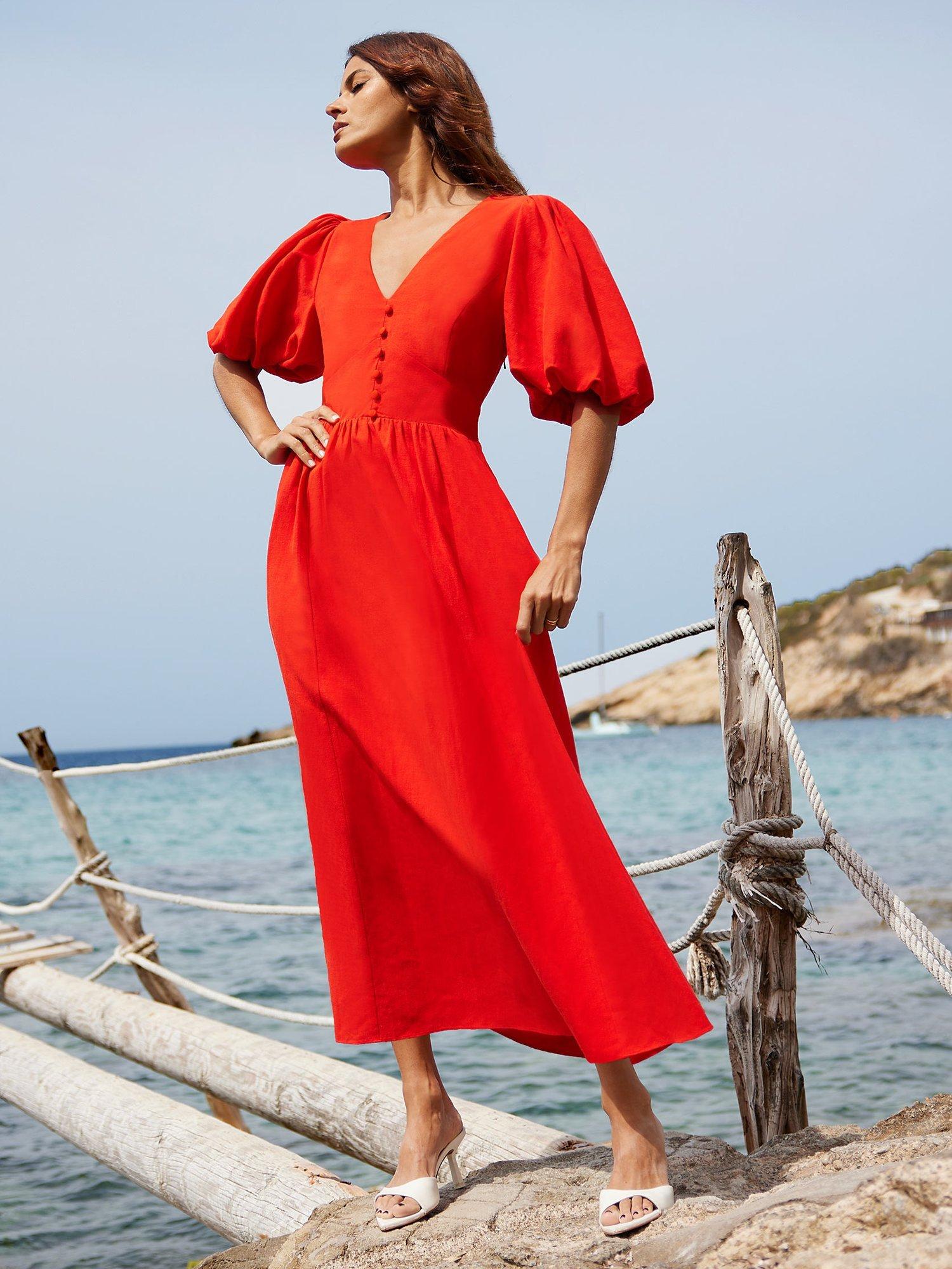 Ro Zo Puff Sleeve Linen Blend Midi Dress