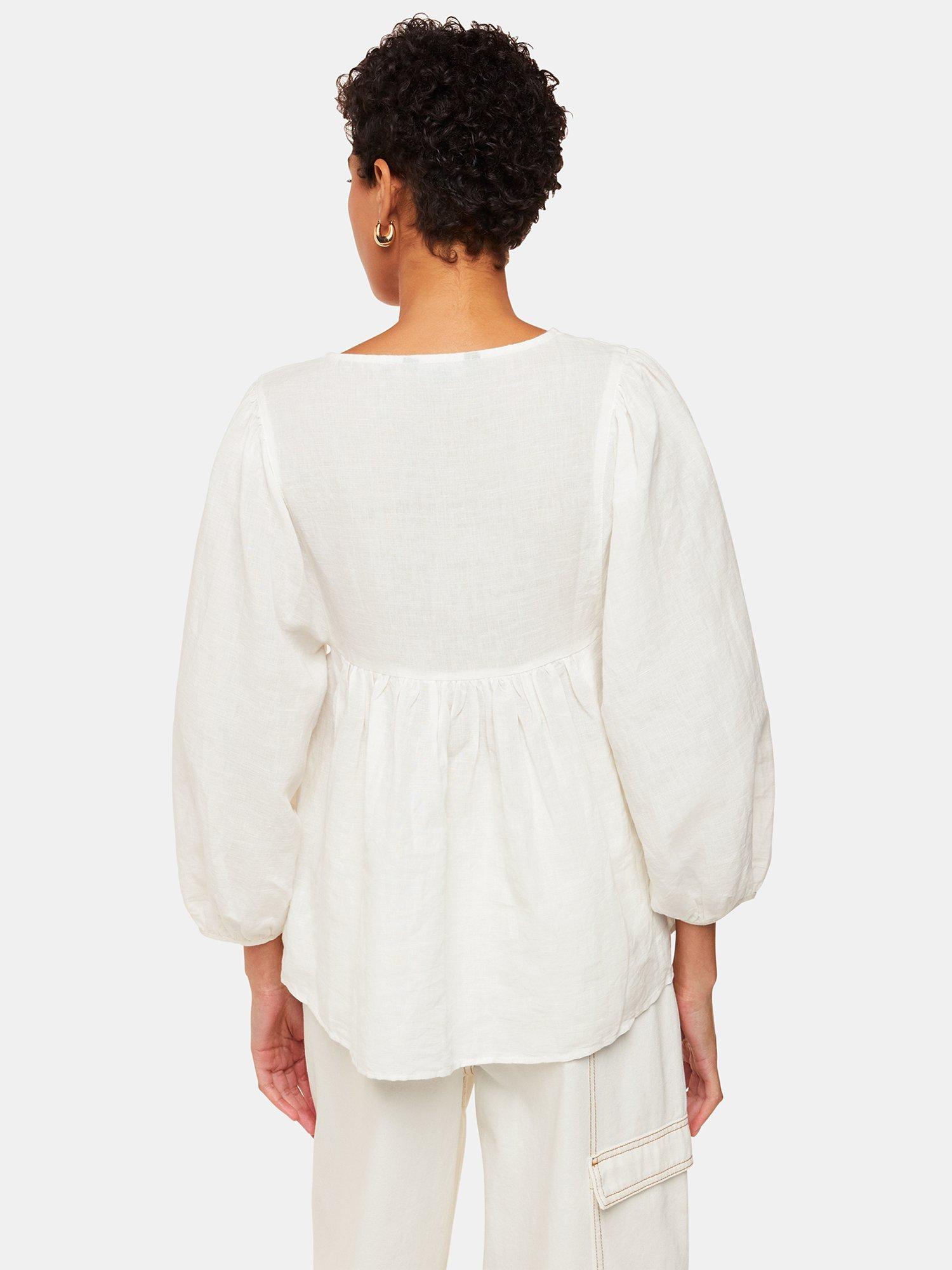 Product image 2 of 5, which shows Whistles Gloria Puff Sleeve Linen Blend Blouse, White, 6