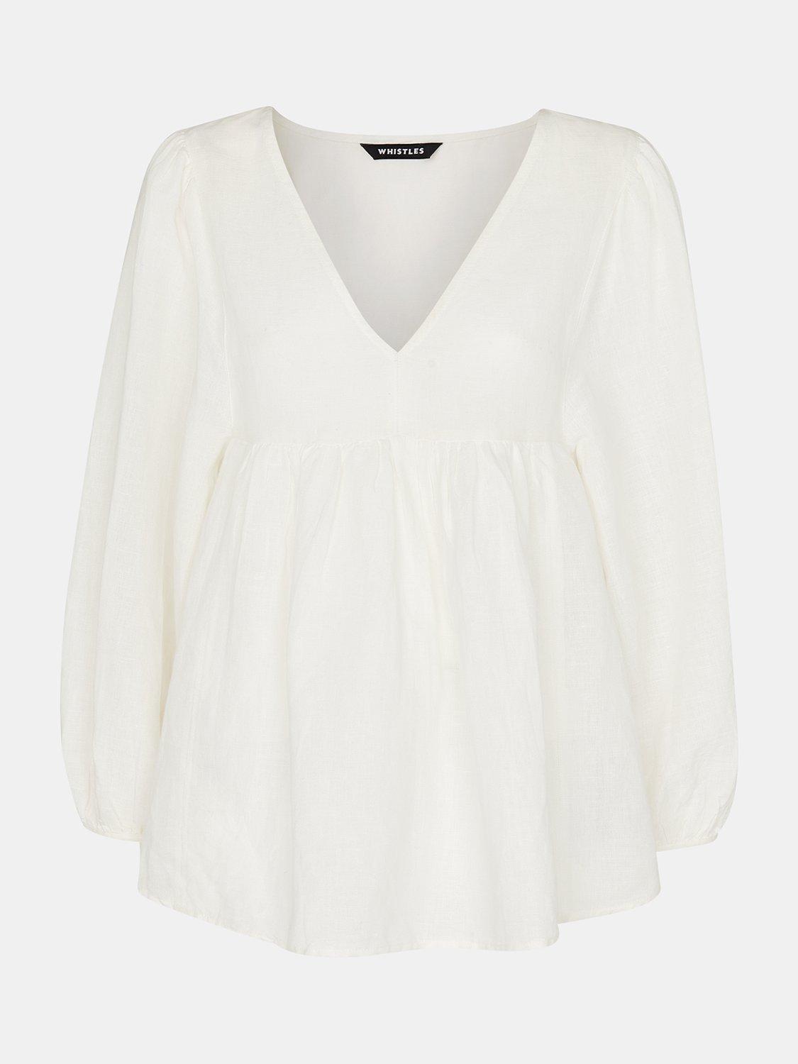 Product image 5 of 5, which shows Whistles Gloria Puff Sleeve Linen Blend Blouse, White, 6