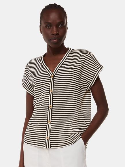 Whistles Jilly Stripe Button Top, Black/Ivory, Black/Ivory