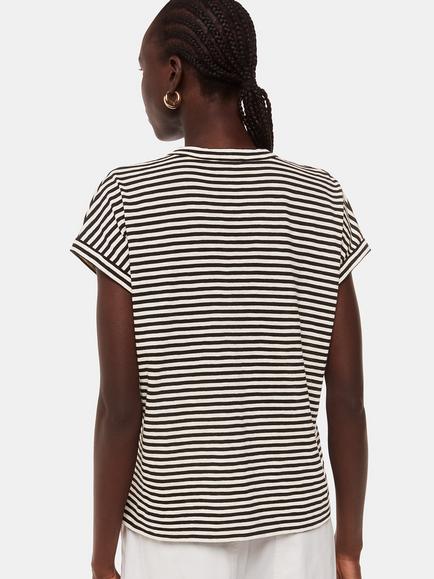 Whistles Jilly Stripe Button Top, Black/Ivory - view 2, Black/Ivory