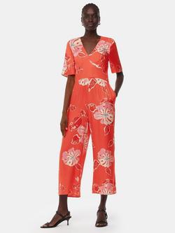 Whistles Aimee Floral Print Cropped Jumpsuit, Coral/Multi, Coral/Multi