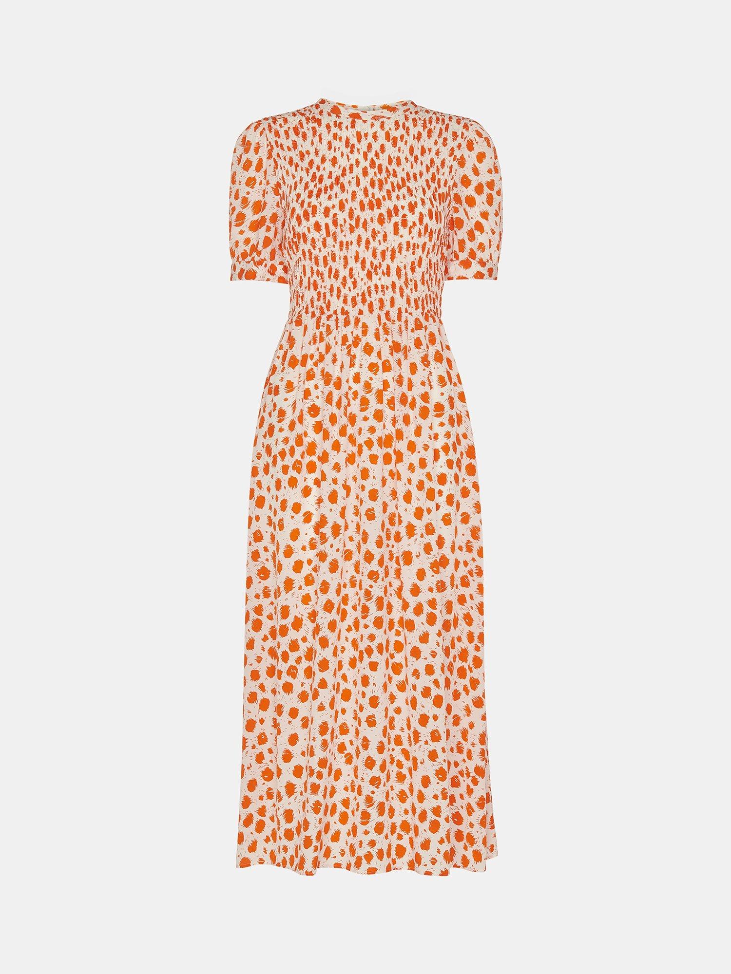 Whistles Abstract Spot Print Shirred Midi Dress, Orange/Multi, 6