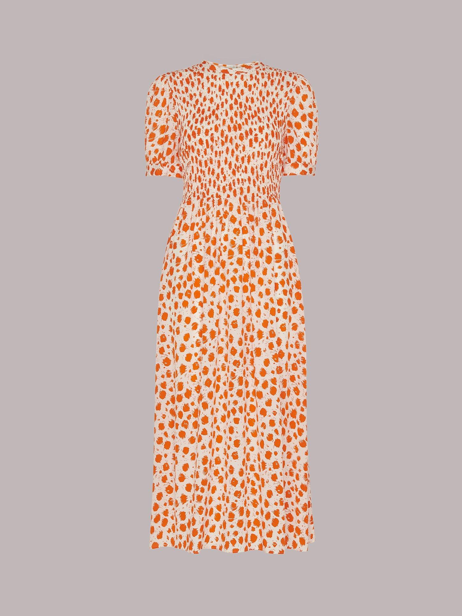 Whistles Abstract Spot Print Shirred Midi Dress, Orange/Multi, 6