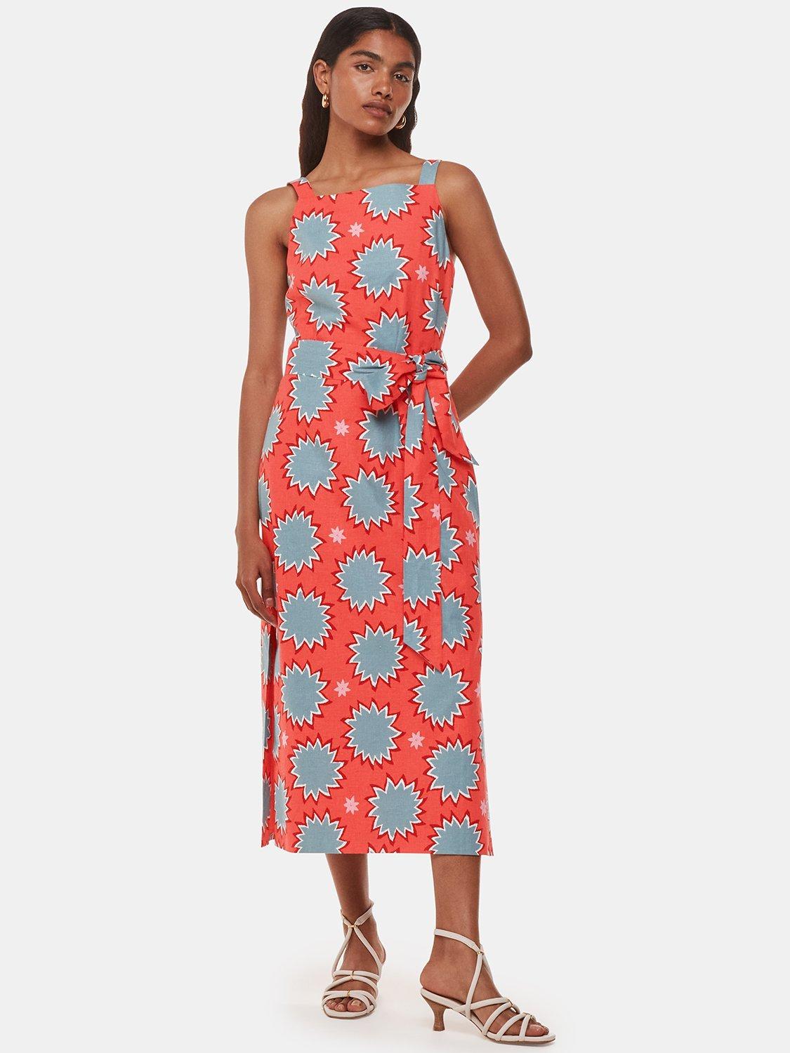 Product image 1 of 6, which shows Whistles Petite Sunburst Print Linen Blend Midi Dress, Coral/Multi, 10