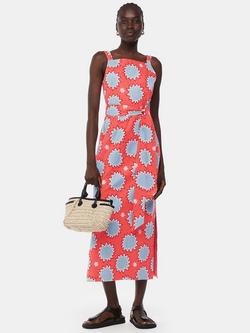 Whistles Sunburst Print Linen Blend Midi Dress, Coral/Multi, Coral/Multi