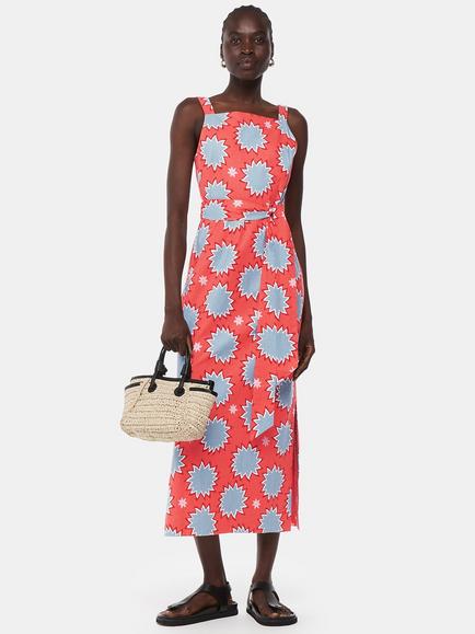Whistles Sunburst Print Linen Blend Midi Dress, Coral/Multi, Coral/Multi