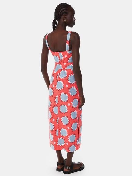 Whistles Sunburst Print Linen Blend Midi Dress, Coral/Multi - view 2, Coral/Multi