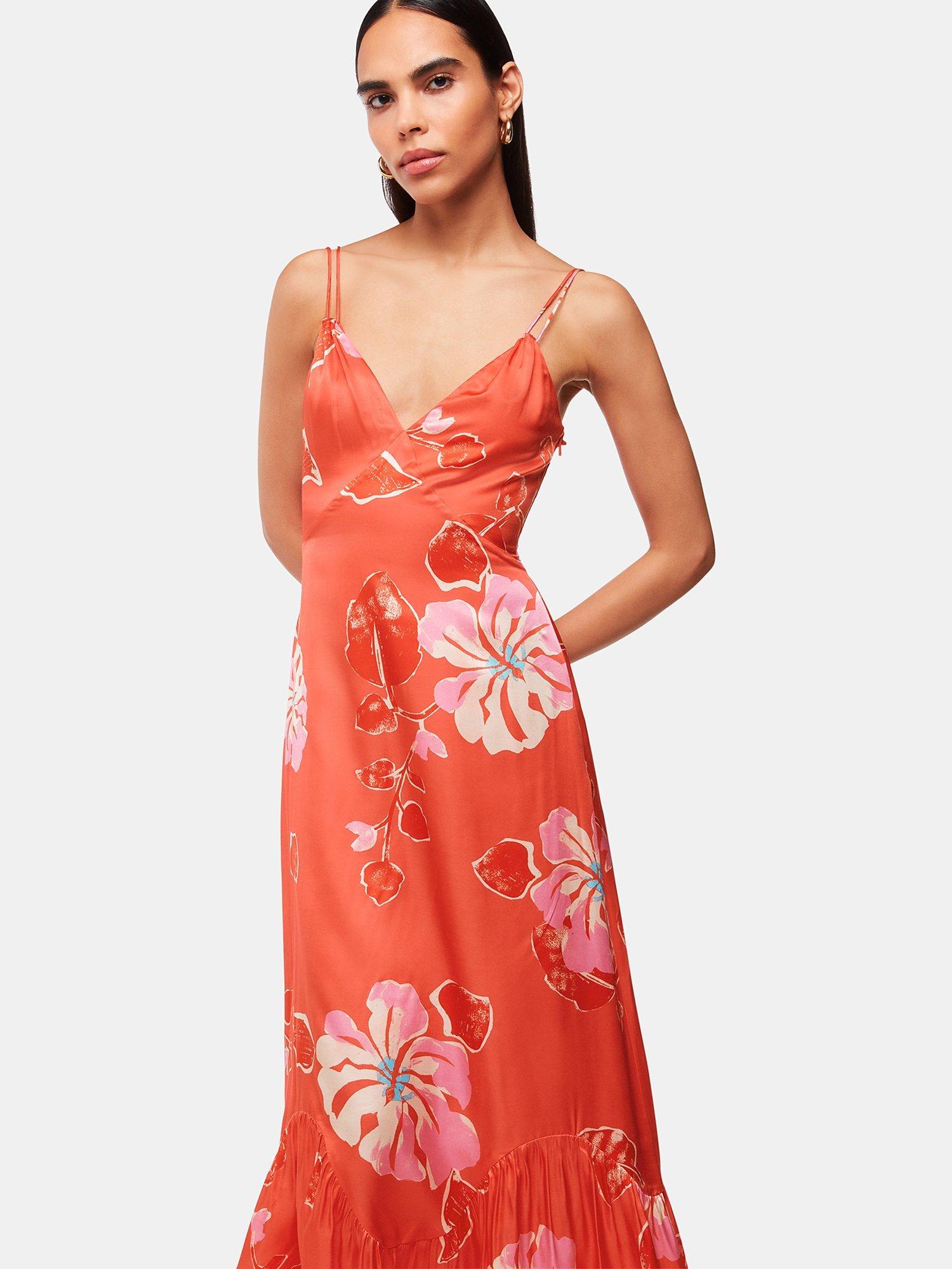 Product image 4 of 6, which shows Whistles Raffa Hibiscus Print Maxi Dress, Coral/Multi, 6