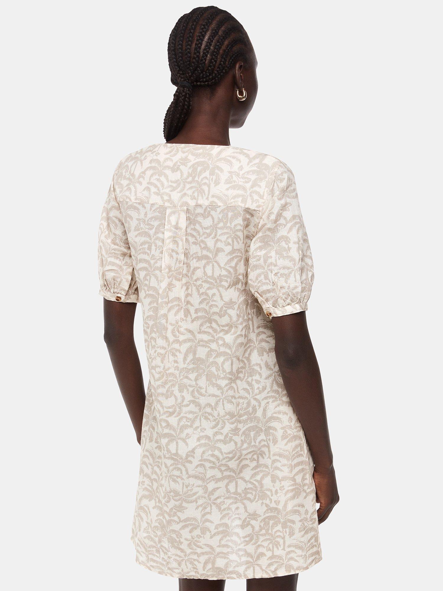 Product image 2 of 5, which shows Whistles Palm Print Linen Rich Dress, Ivory/Multi, 6
