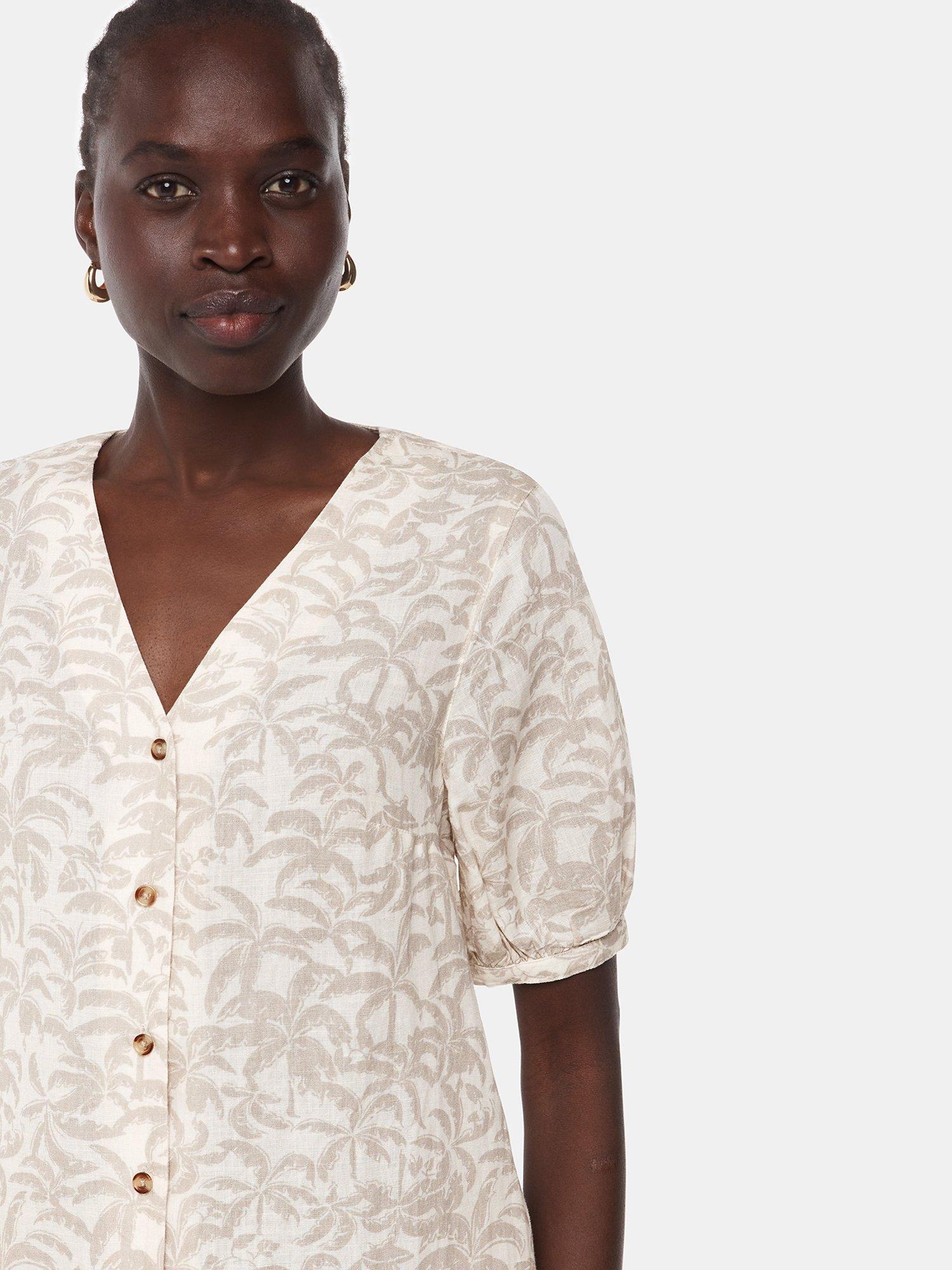 Product image 3 of 5, which shows Whistles Palm Print Linen Rich Dress, Ivory/Multi, 6