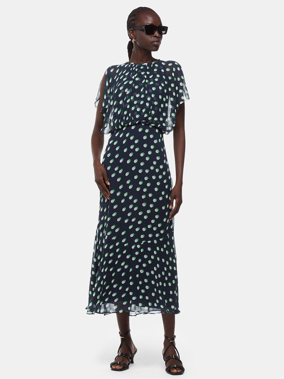 Product image 1 of 5, which shows Whistles Moon Spot Print Midi Dress, Navy/Multi, 6