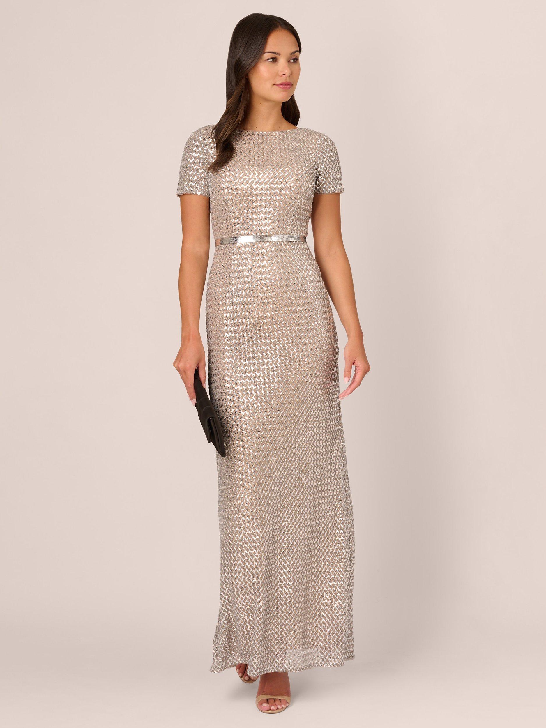 Product image 3 of 7, which shows Adrianna Papell Column Sequin Maxi Dress, Silver/Nude, 6