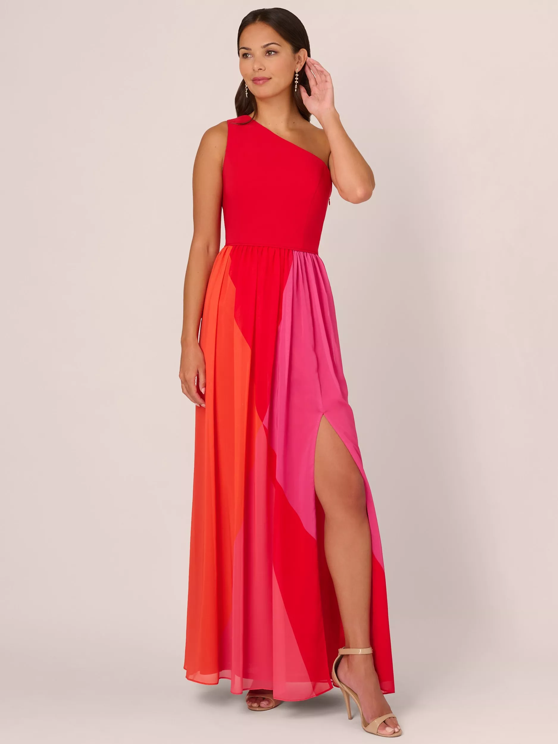 Adrianna Papell Colour Block Asymmetric Chiffon Dress Red Multi