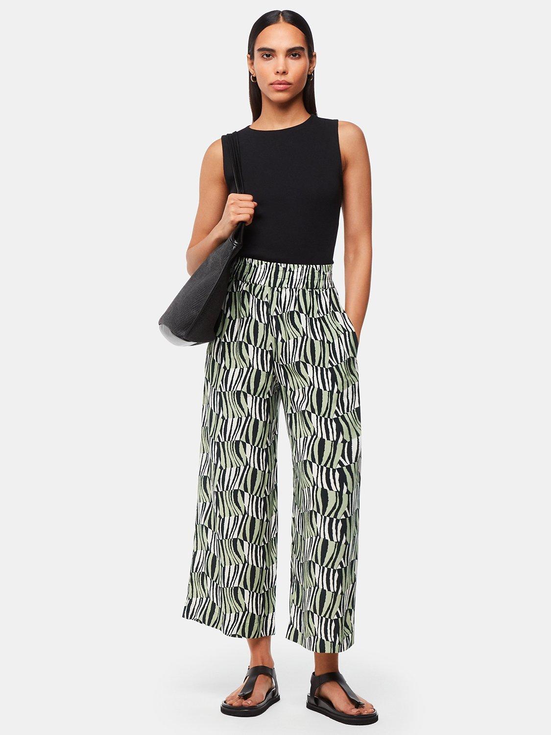 Product image 3 of 6, which shows Whistles Checkerboard Tiger Print Wide Leg Trousers, Green/Multi, 8