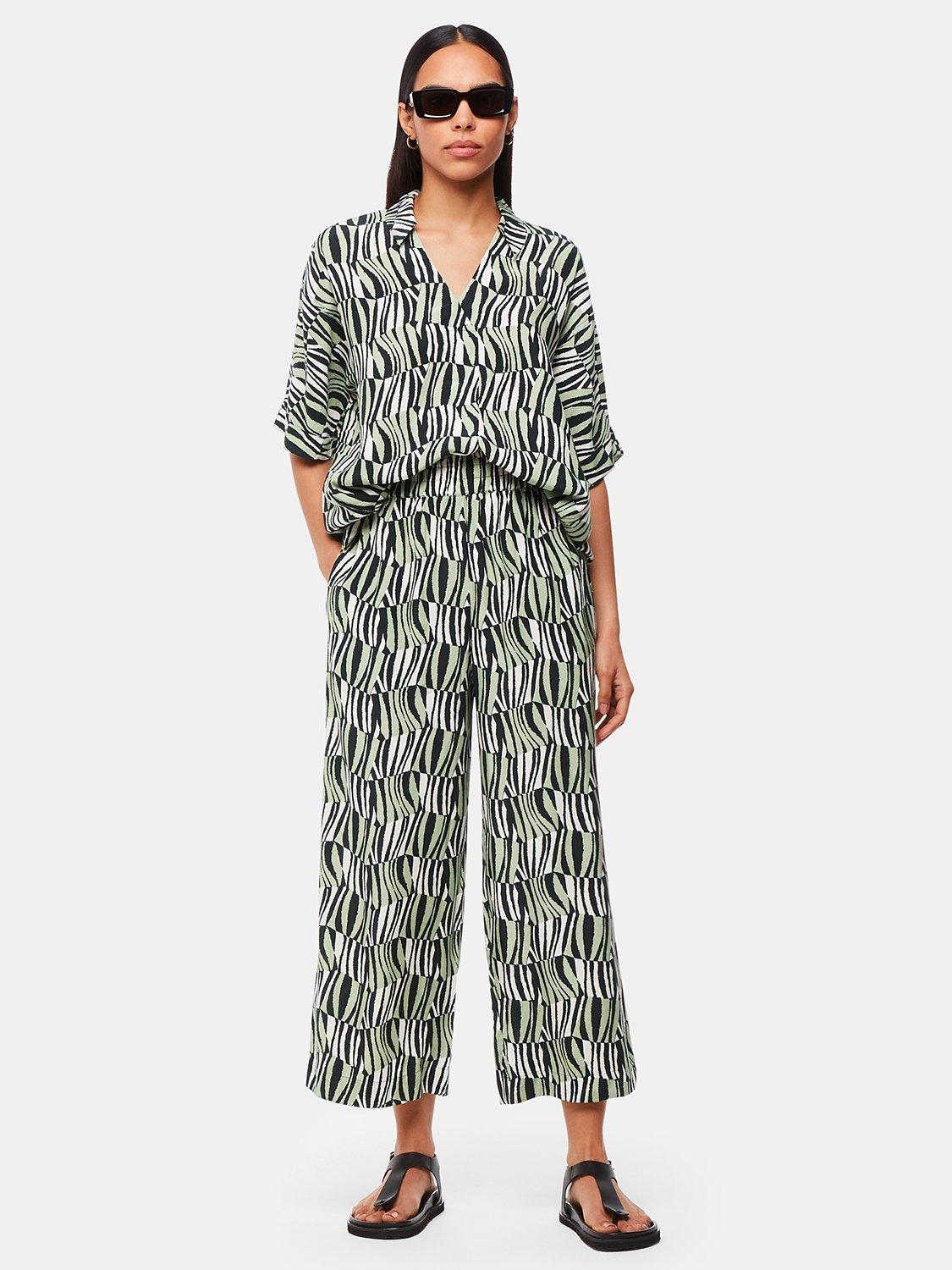 Product image 4 of 6, which shows Whistles Checkerboard Tiger Print Wide Leg Trousers, Green/Multi, 8