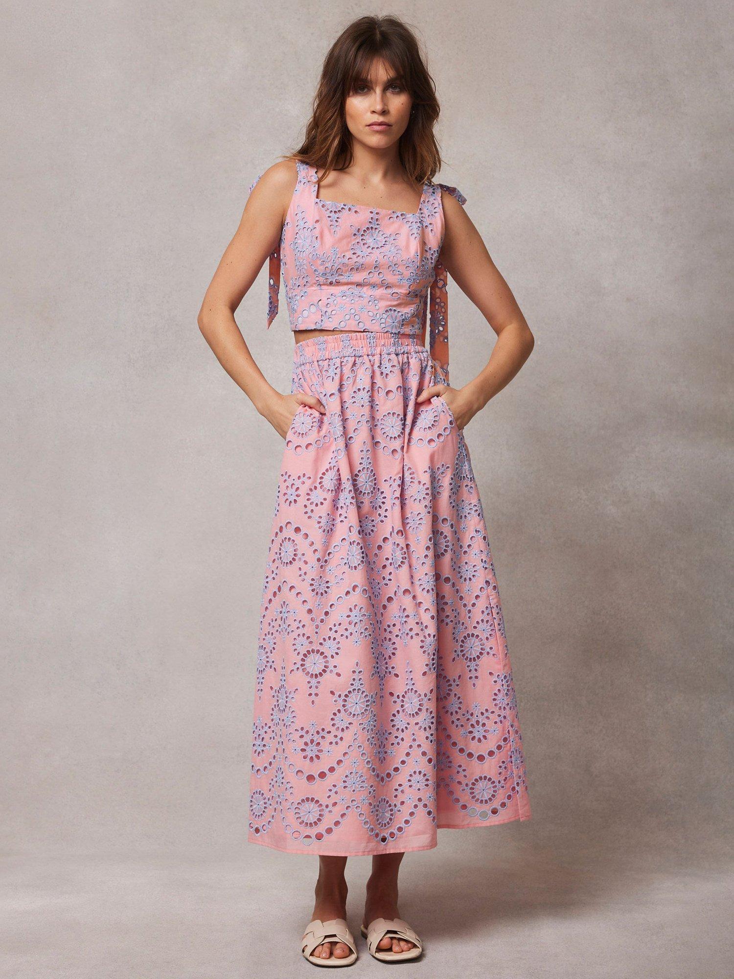 Mint Velvet Broderie Cotton Blend Midi Skirt Pink Multi