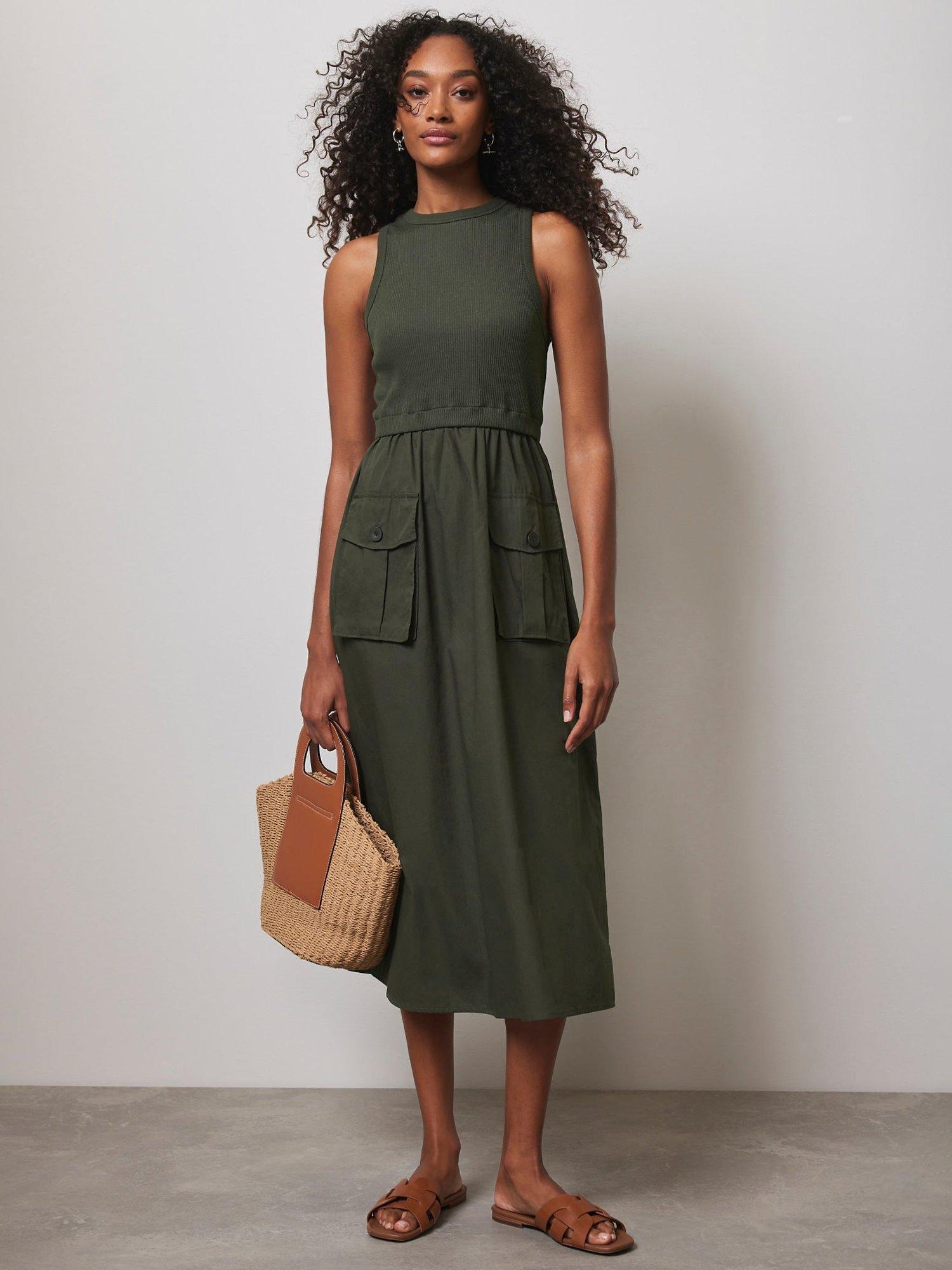 Mint Velvet Jersey Cargo Midi Dress, Green Khaki