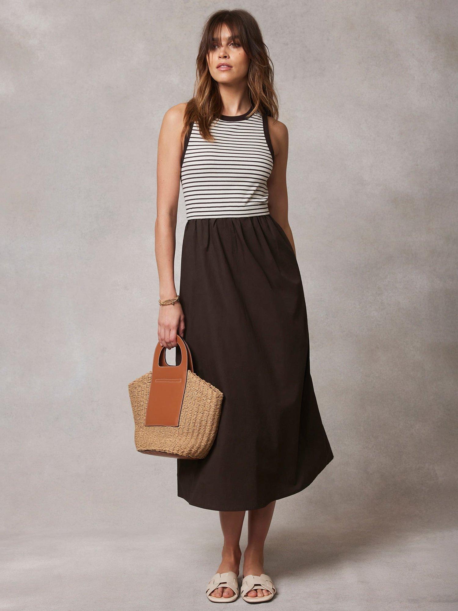 Mint Velvet Stripe Jersey Midi Dress, Brown Dark